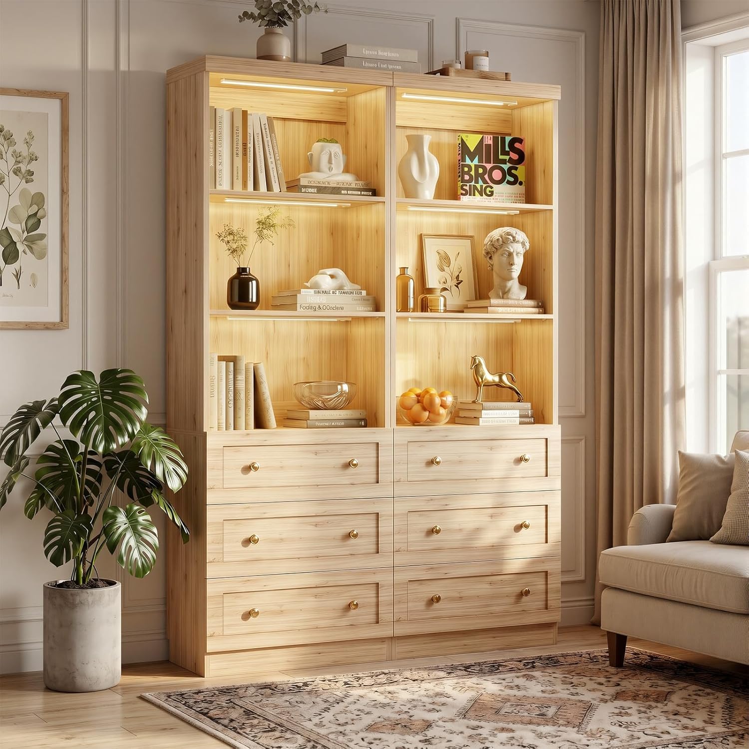 Cyclysio 80" Tall Bookshelf with Drawers and 3 Motion Sensor Lights, Farmhouse Bookcase with Adjustable Shelves, Thickened Top Panel, for Living Room & Home Office (Natural)