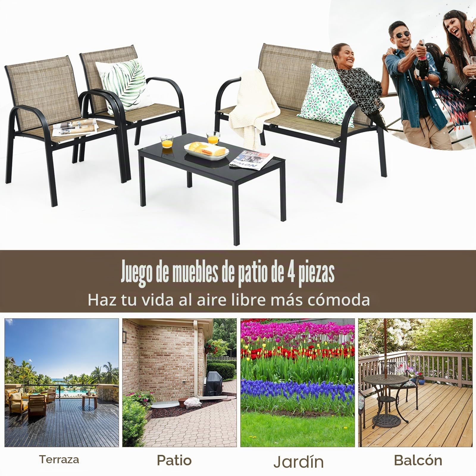 KOMFOTTEU Juego de Muebles de Jardín de 4 Piezas, Conjunto de Bistró con 2 Sillas, 1 Sofá y 1 Mesa de Centro, Muebles con Marco de Metal, Set de Conservación para Terraza, Piscina, Patio (Marrón)