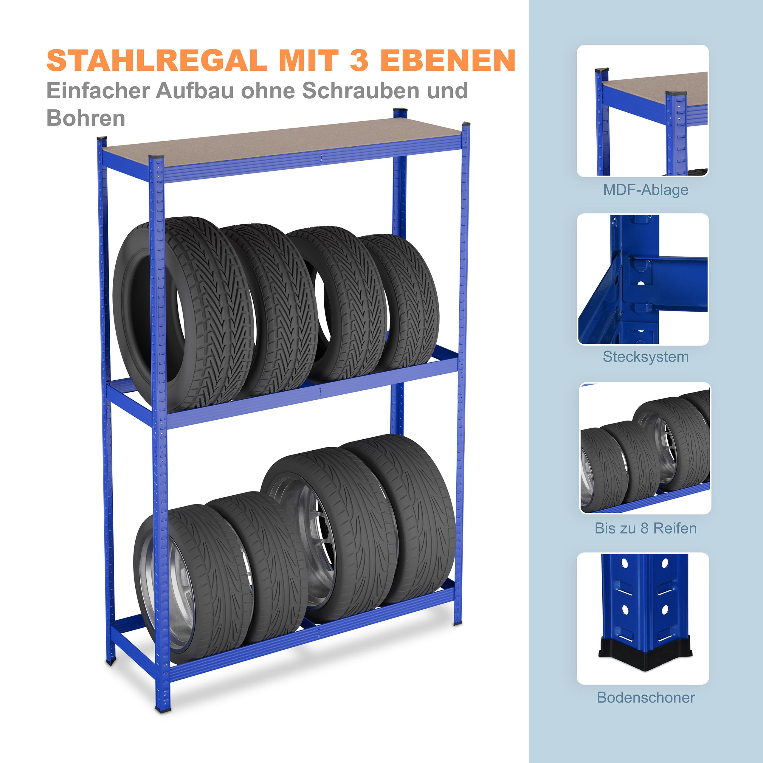 Relaxdays Reifenregal für 8 Reifen, HxBxT: 180 x 120 x 40 cm, 795 kg, Stahl, Stecksystem, Räderregal mit Ablage, blau