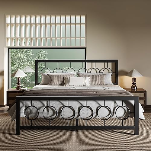 Miniatura 1 de Allewie Base de cama tamaño King con cabecero y estribo de diseño circular vintage, marco de cama de metal, no requiere somier, fácil montaje, sin