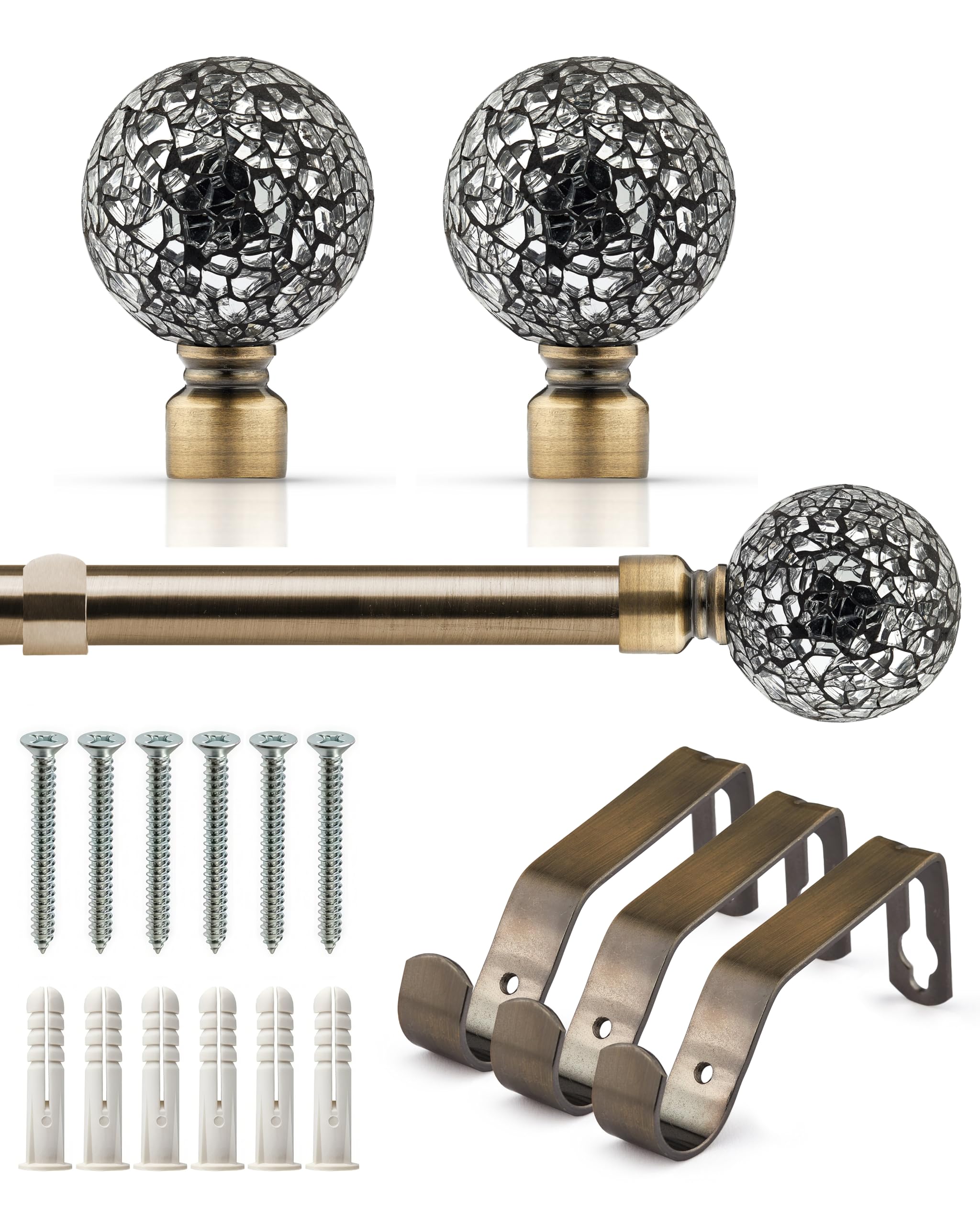 Emma Barclay Extendable Curtain Pole With Finials Brackets & Fittings Sets 16-19mm in Antique Brass Metal Curtain Poles For Eyelet Curtains Rod - Cut Glass Collection 1.6m - 3m Antique Brass