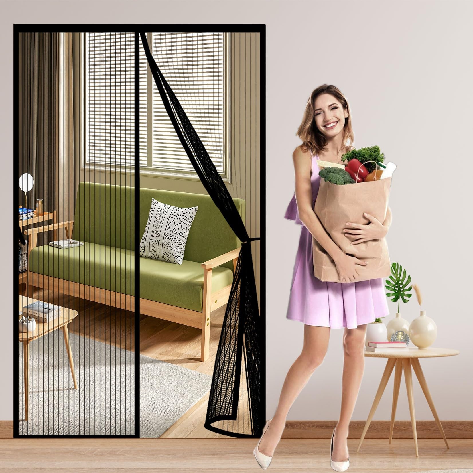 Chenmiao Black Magnetic Door Screen 63 X 114 Cm Durable Polyester Mesh, Anti-Tearing Flyscreen French Doors Easy To Install Without Drilling For Home, Office And Store,