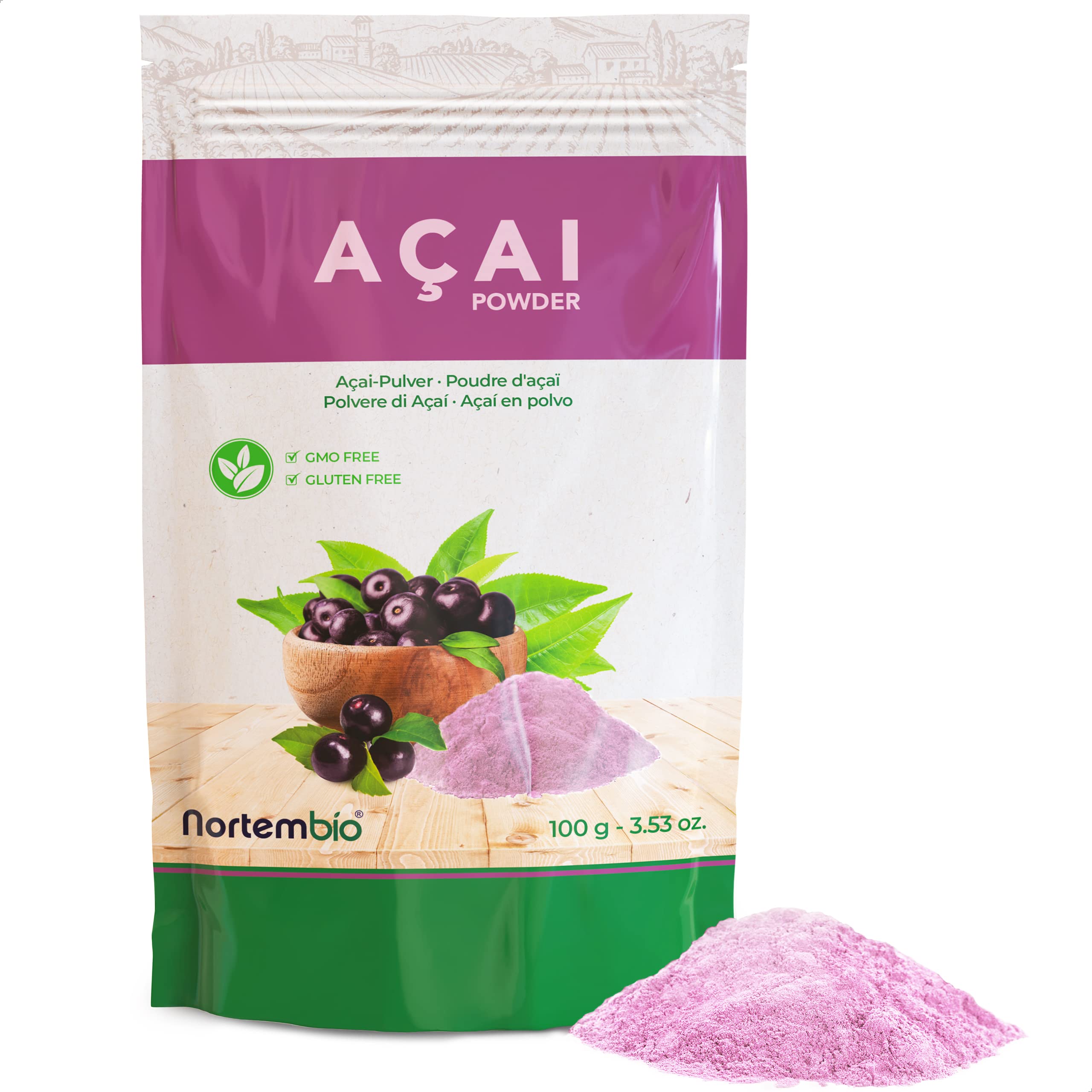 Nortembio Açaí en Poudre 100 g - Açaí Lyophilisé Pur et Biologique - Superaliment Antioxydant et Énergisant - Sans Gluten, Végan et Sans Sucre Ajouté. Ebook de recettes gratuit
