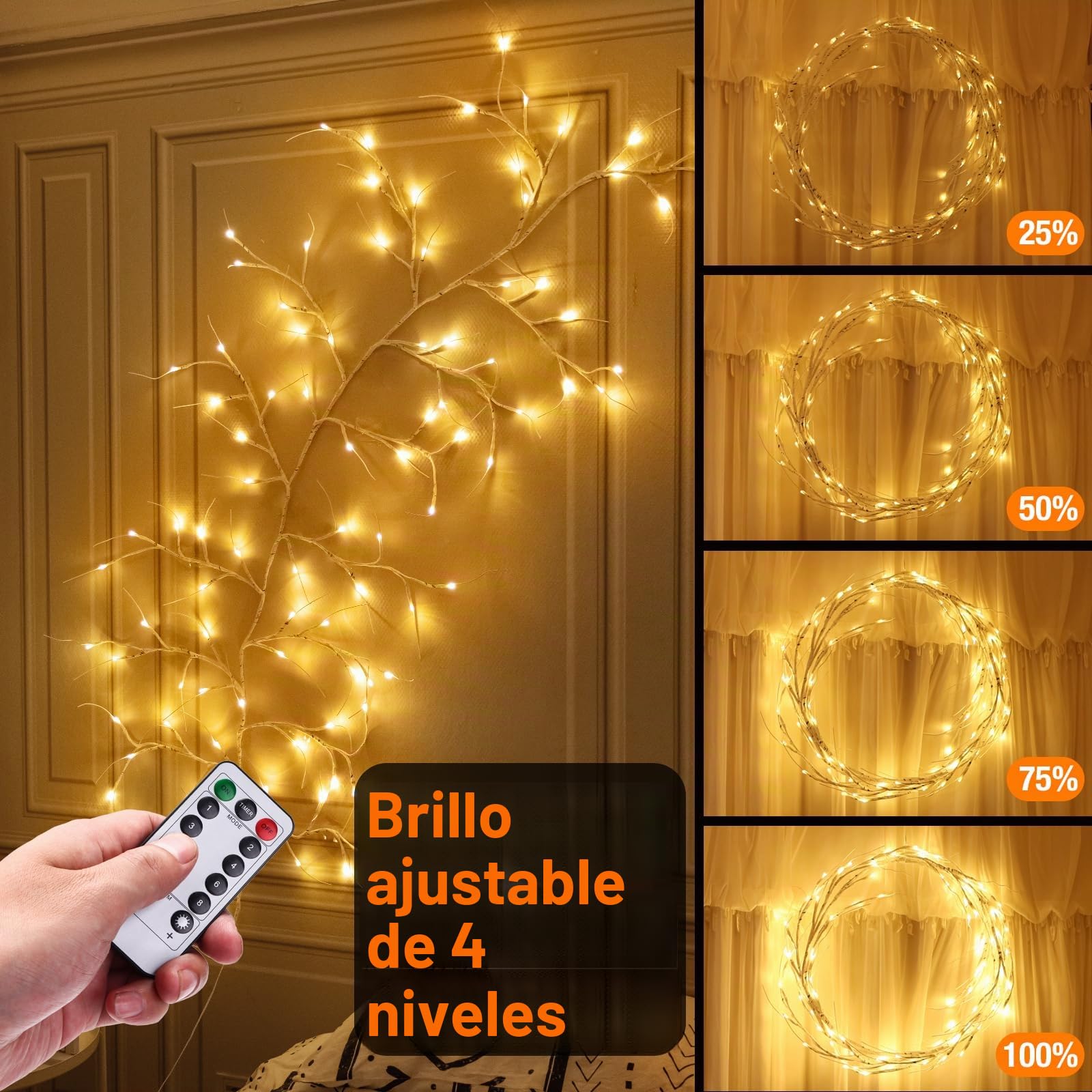Guirnalda de Luces LED, 8 Modos Ramas de Abedul Cadena de Luces con Enchufe, 96 LEDs Modelado DIY para Decoración de Habitaciones, Dormitorios y Salones (96 Led (2 Unidades))