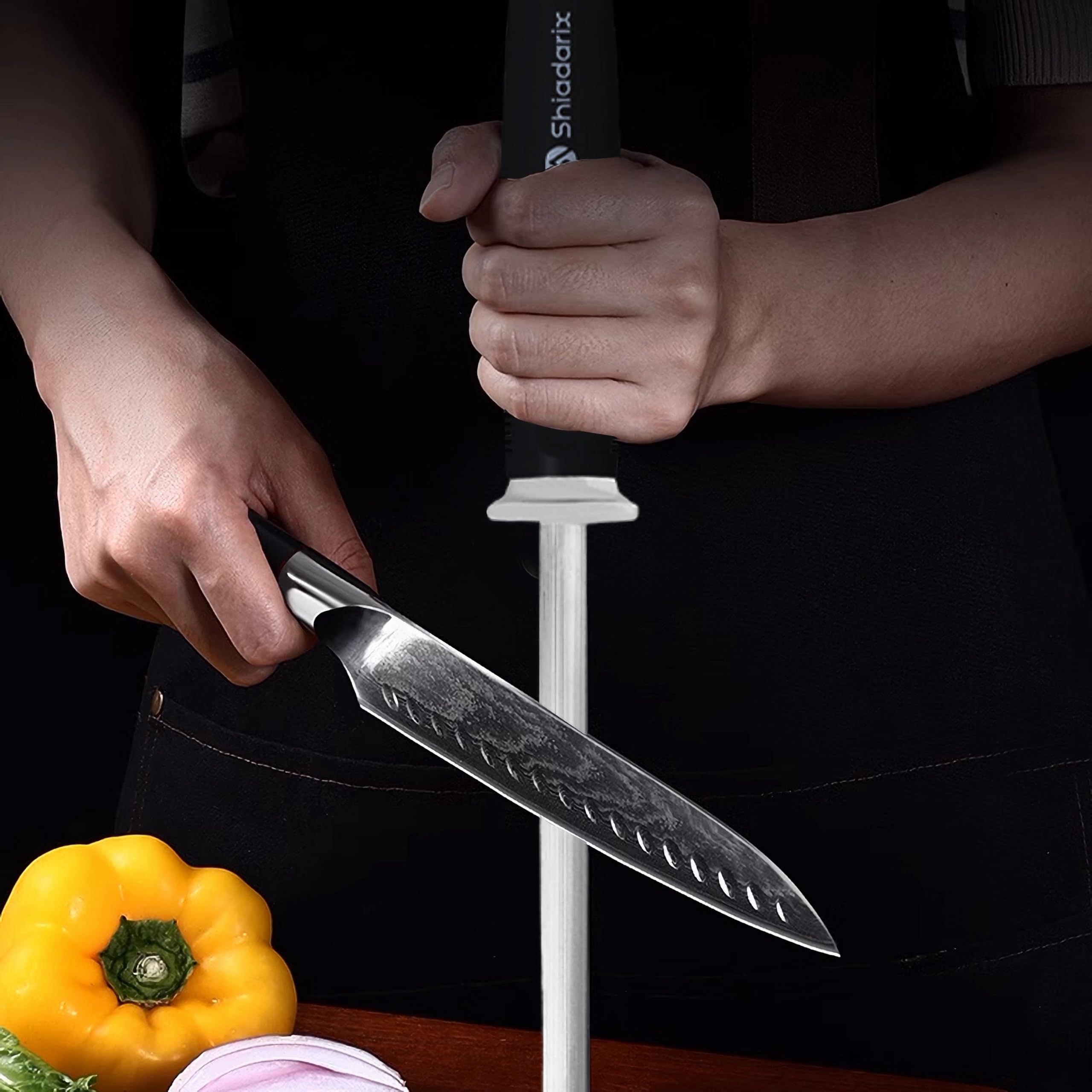 Chaira Afilar Diamante 37cm Afilador de Cuchillos Profesional Knife Sharpener de Acero Especial Endurecido y Mango Ergonómico de Tacto Suave con Protección para Los Dedos | Verde