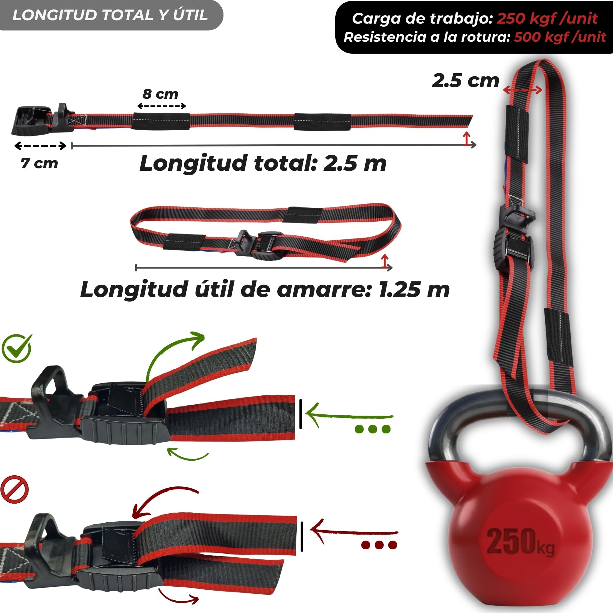 RUNAFLAMA - Cinchas de Amarre con Protección - Eslingas de Amarre para Baca, Surf, Kayak, Remolque Moto - Trinchas de Sujeción a Portabicicletas - Resistencia rotura 500 kgf por Cinta - 2 Correas 2,5m — view 6
