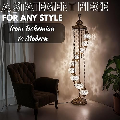 Miniatura 6 de DEMMEX - Lámpara de pie de mosaico marroquí turco, 9 globos grandes, lámpara de pie bohemia con mosaico Tiffany con enchufe y enchufe
