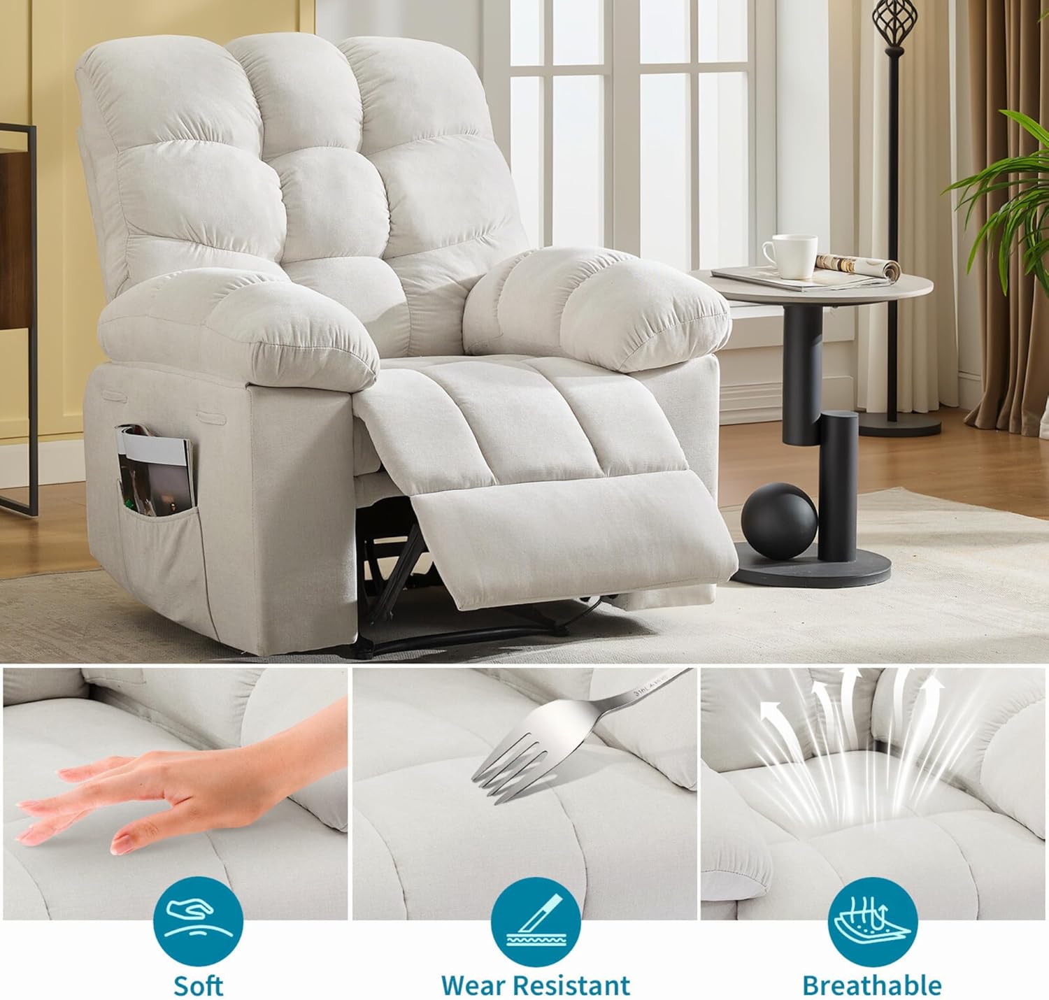 Recliner Chair with Massage and Heat, 35.4" Recliner with Vibration Massage and Side Pocket, Comfortable Reclining Chair for Living Room, Nursery, Bedroom, White