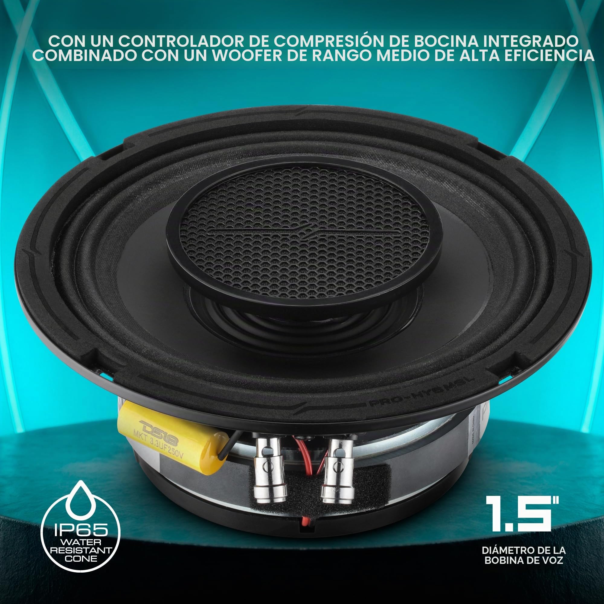 DS18 Pro-HY6.4MSL - Altavoz híbrido de Rango Medio para Coche de 6.5 Pulgadas con Controlador Integrado y Parrilla incluidos, 300 W máximo 150 W RMS 4 ohmios (1 Altavoz)
