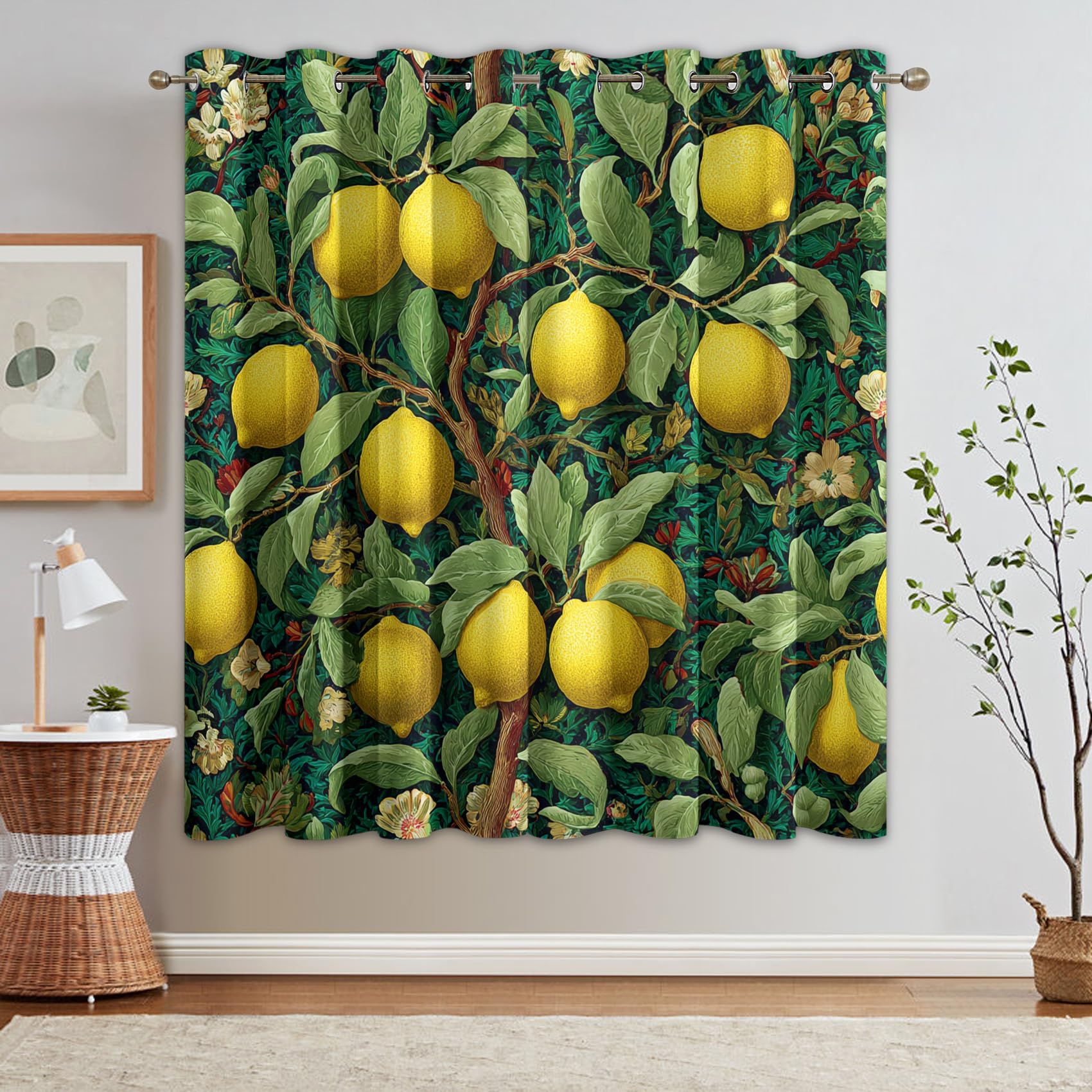 Rideau Citron Occultant Motif Vintage Fruit Arbre Rideaux Chambre Salon Cuisine 140 x 245 cm, Oeillets Rail Rideaux Occultants Thermique