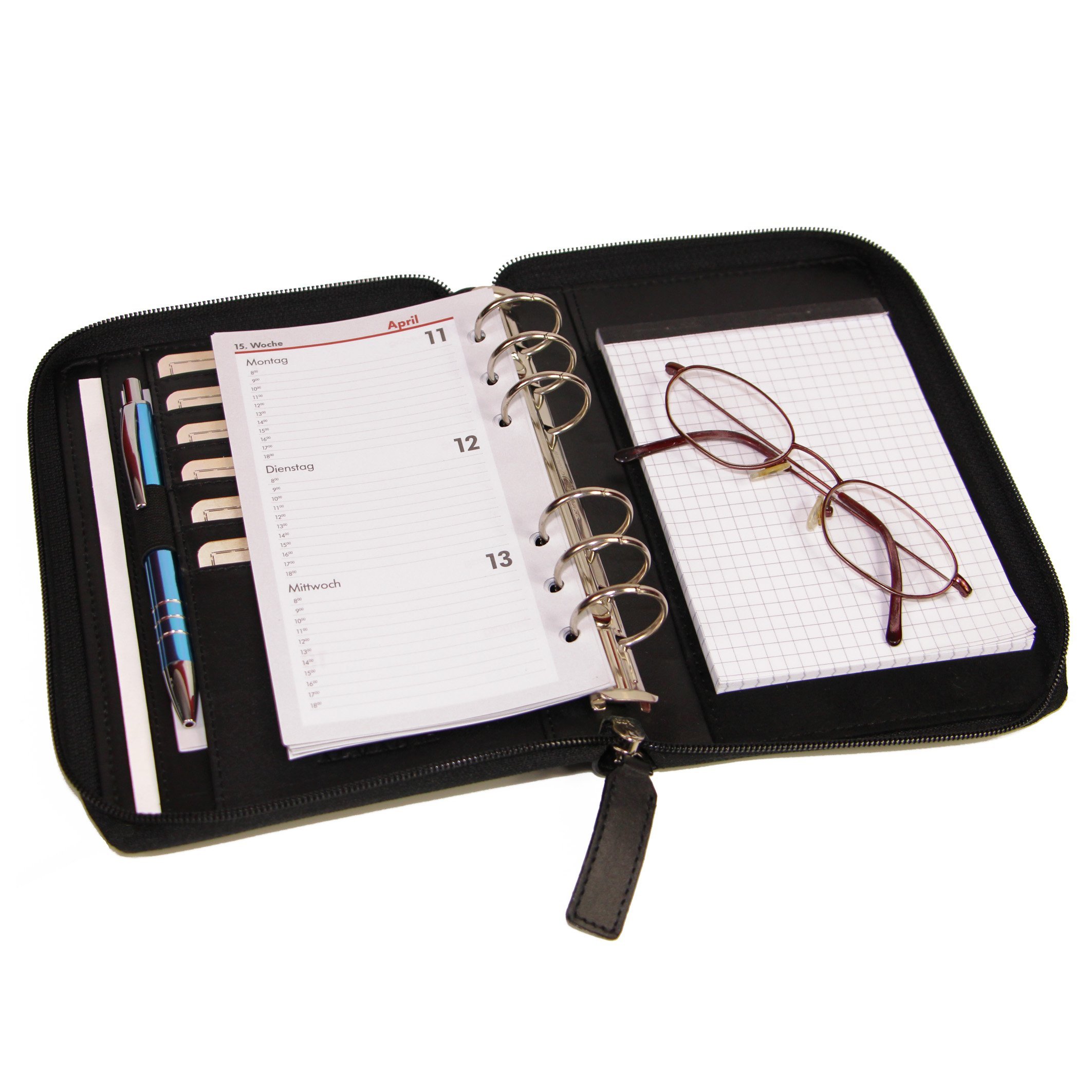 ALMADIH Leder A6 Organizer mit Reißverschluss, Kalender 2026 Notizblock Premium Rindsleder Schwarz in Geschenkbox Ledermappe Mappe Schreibmappe Terminplaner Terminkalender Aktenmappe (A6-O-S)