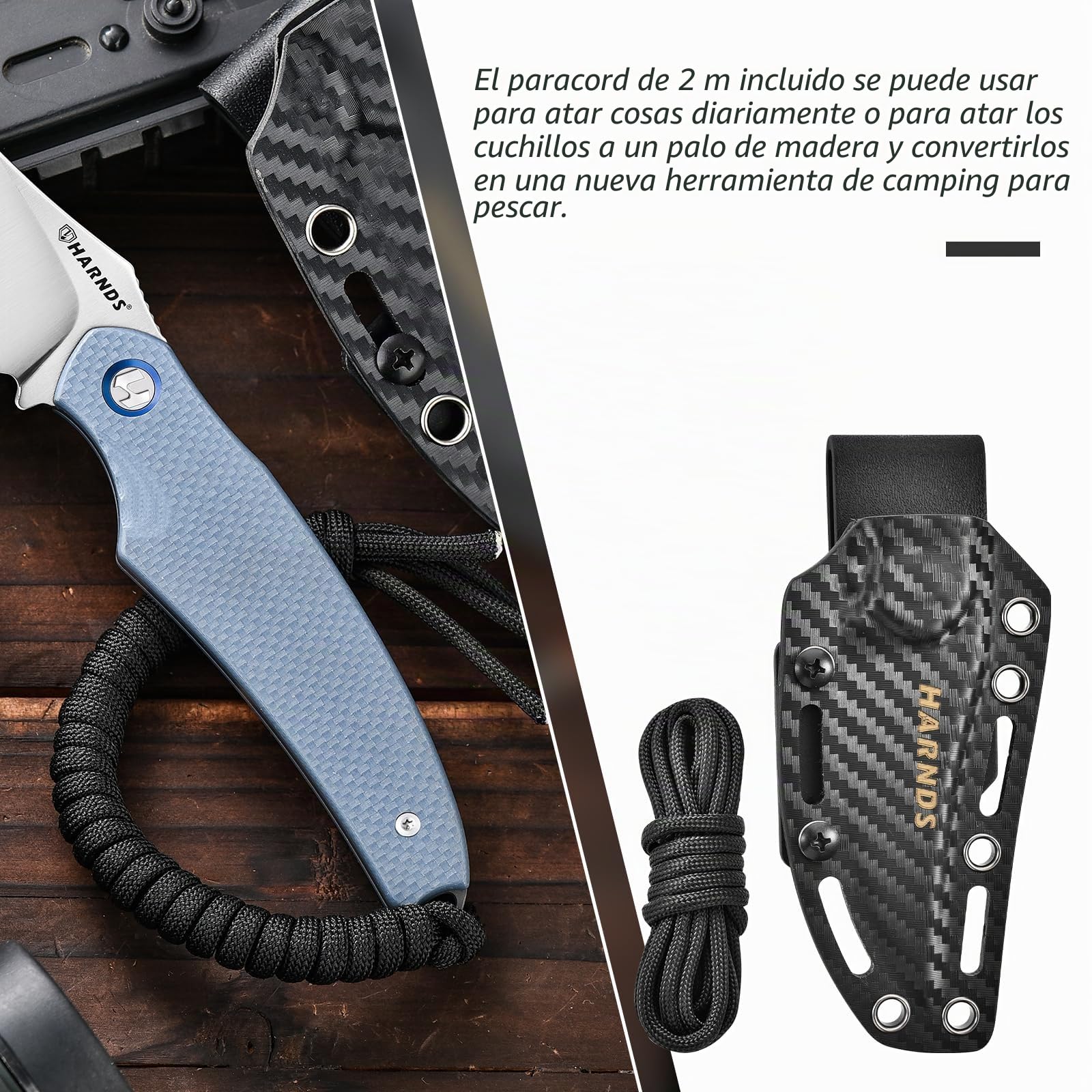 Harnds Tiburón Cuchillo de Hoja Fija para Outdoor con Funda Kydex Hoja de Acero D2 Ideal Cuchillo de Camping Cuchillo de Supervivencia Premium Cuchillo Bushcraft (Gris - Satín)