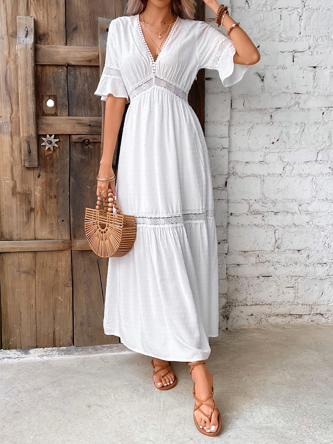 Women's Dresses Swiss Dot Guipure Lace Insert Flounce Sleeve
