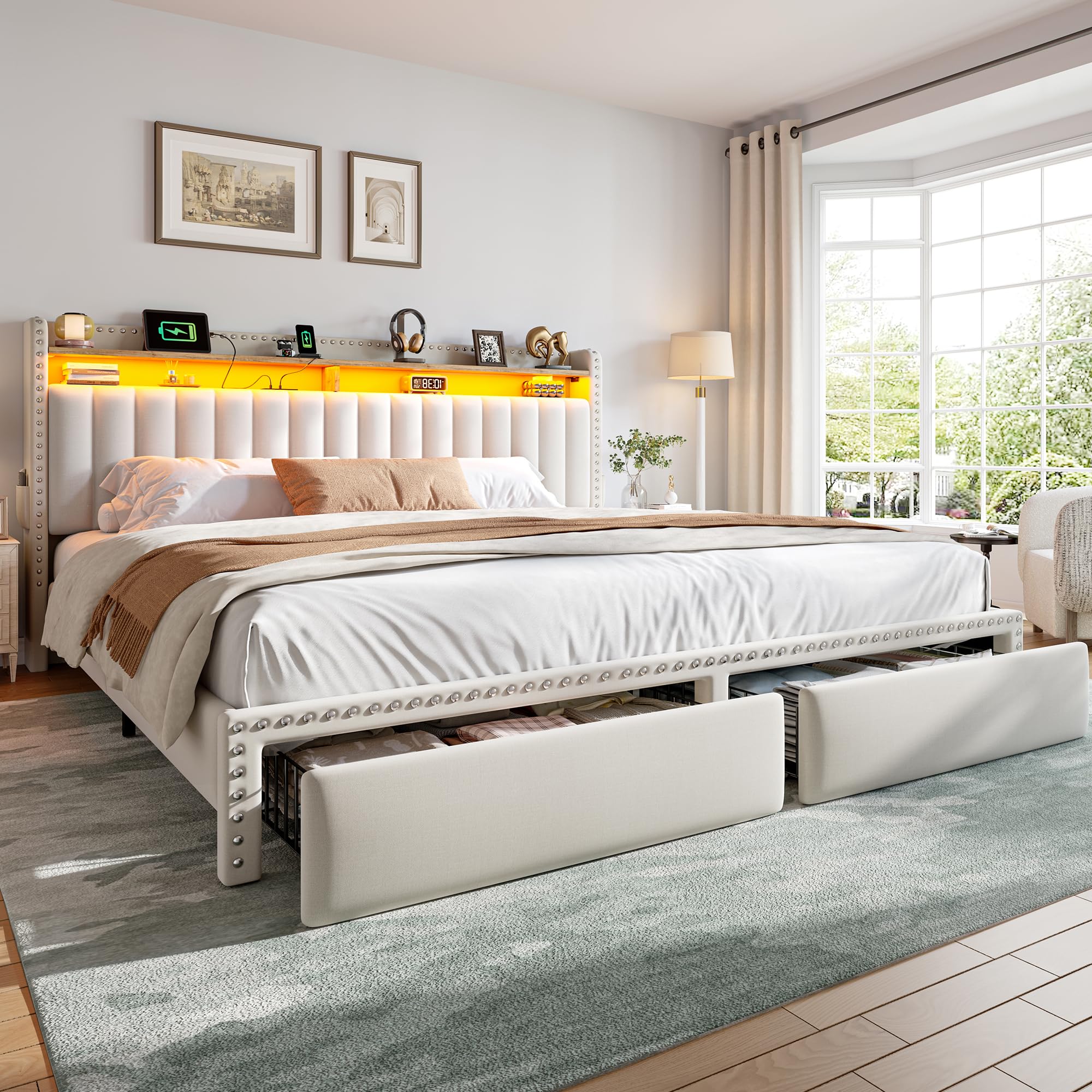 EnHomee King Size Bed Frame with 2 Storage Drawers, Upholstered Platform Bed with LED Lights and Charging Station, Sturdy Wooden Slats Support, No Box