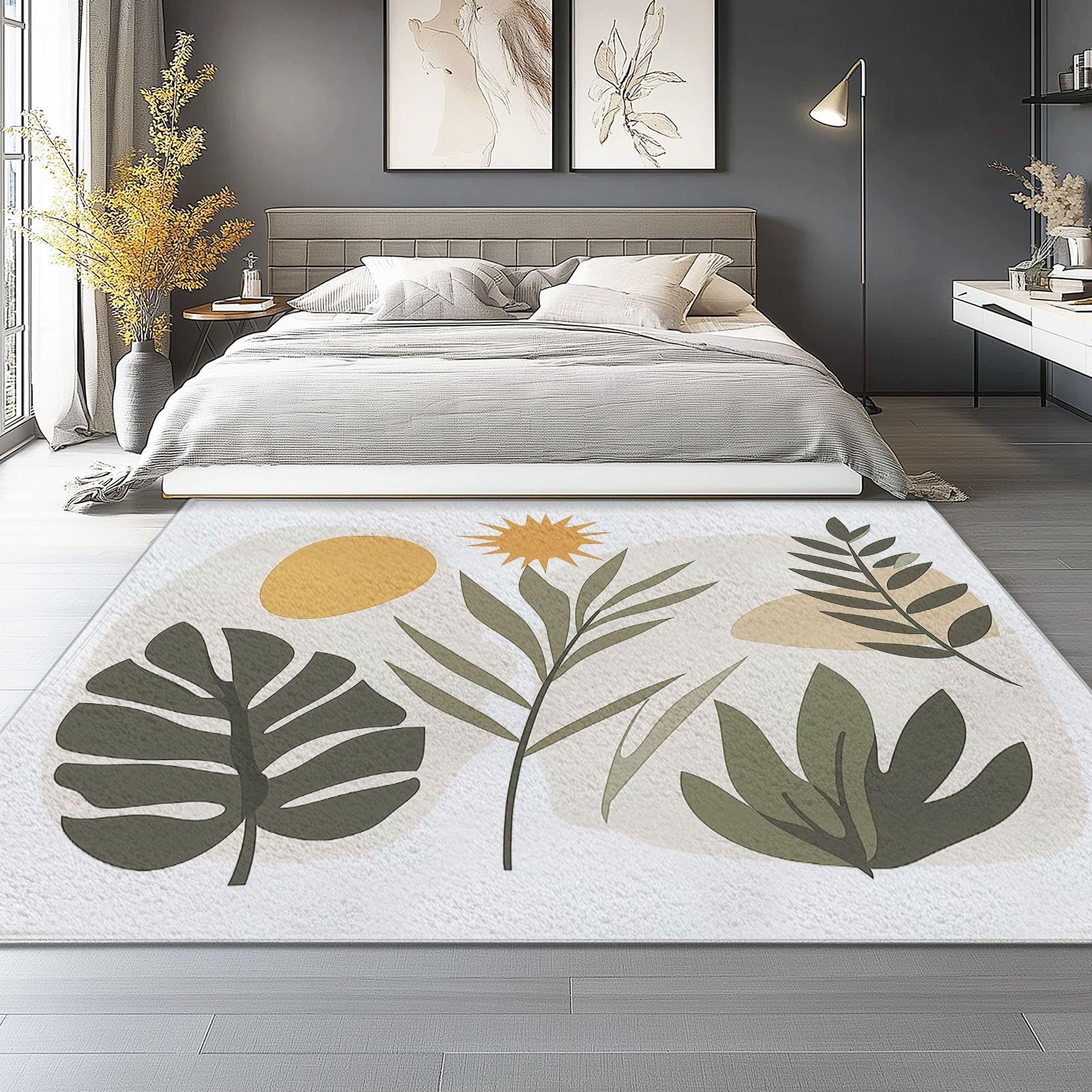 Tapis Descente de Lit Chambre Bohème Feuilles Tropicales Illustration, 60 x 110 cm Lavable Cachemire Ultrafin Tapis à Poils Courts avec Support Antidérapant, Décoratif Intérieur Blanc