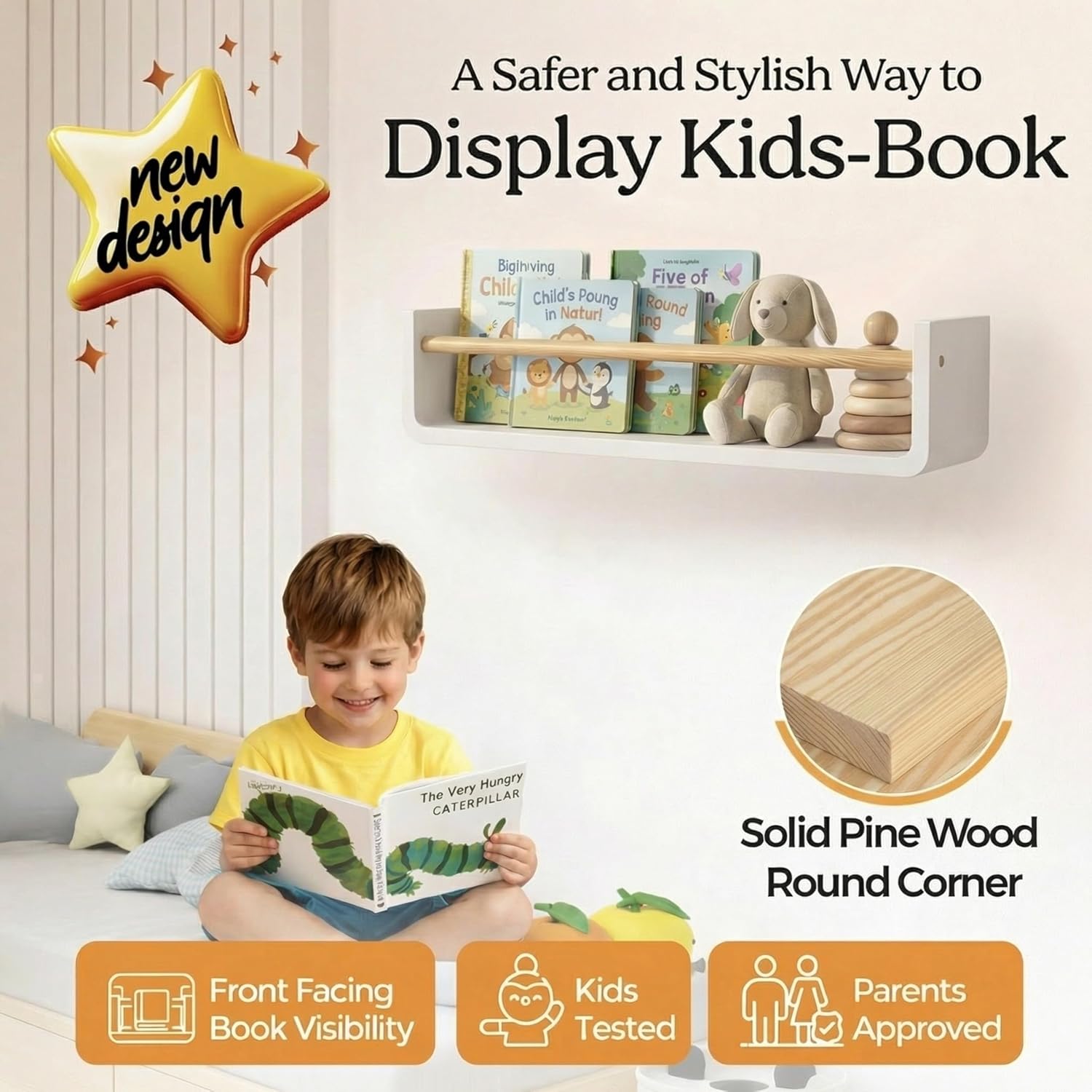 Ovalo Nursery Book Shelves Set of 2 - Solid Pine Wood Nursery Bookshelf, Floating Nursery Shelves for Wall, Wall Bookshelf for Kids Room, No-Assembly Wall Mounted Baby Book Shelf. (White)