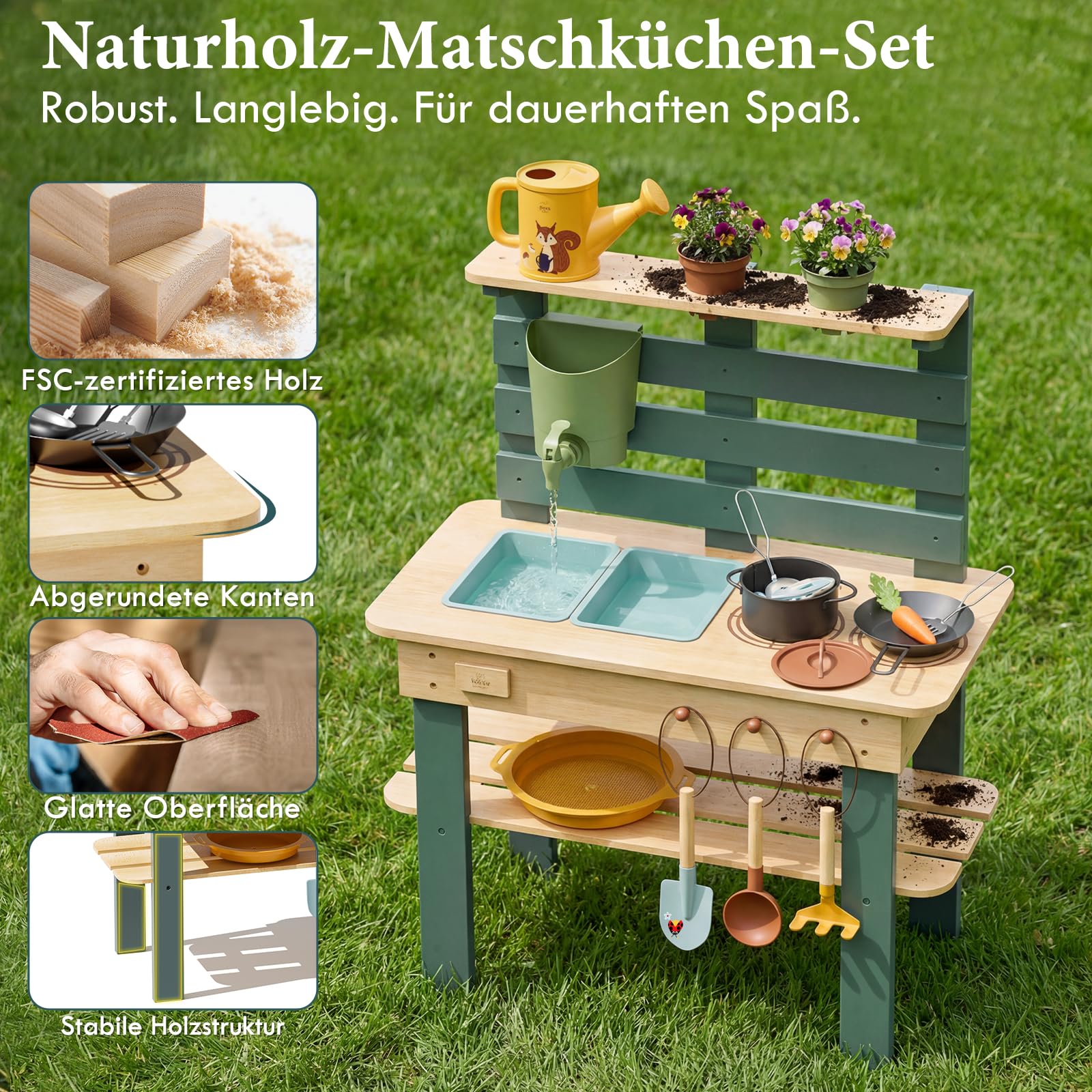 Lehoo Castle Holz Outdoor Matschküche für Kinder, Spielküche mit Echtem Waschbecken Küchenzubehör, Gartenspielzeug zum Kochen, Gießen Sensorisches Spielen, Montessori Lernspielzeug ab 3 Jahre