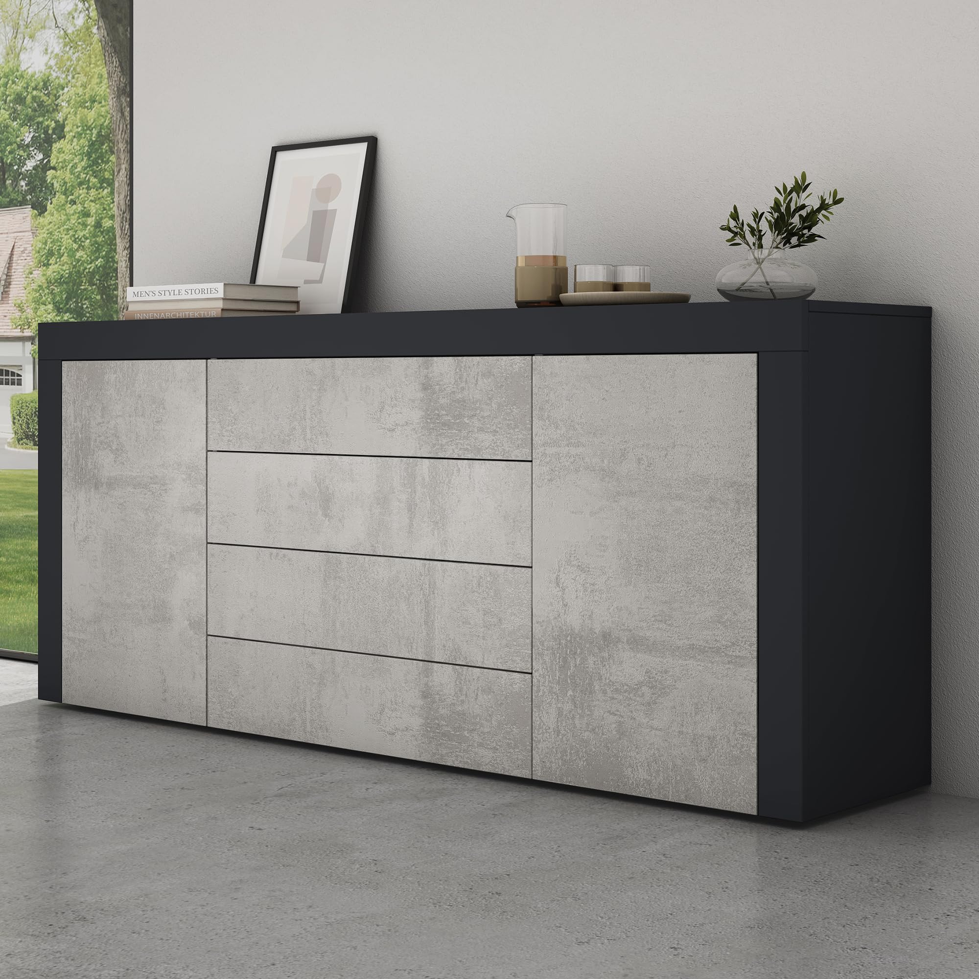 Mai & Mai Meuble de Rangement Buffet Commode Gris Noir Mat + Béton 167cm | Casier de Rangement, 2 Portes et 4 Tiroirs, Séparateur Réglable, Placard Salon Salle à Manger, 167x36x70cm, SR03