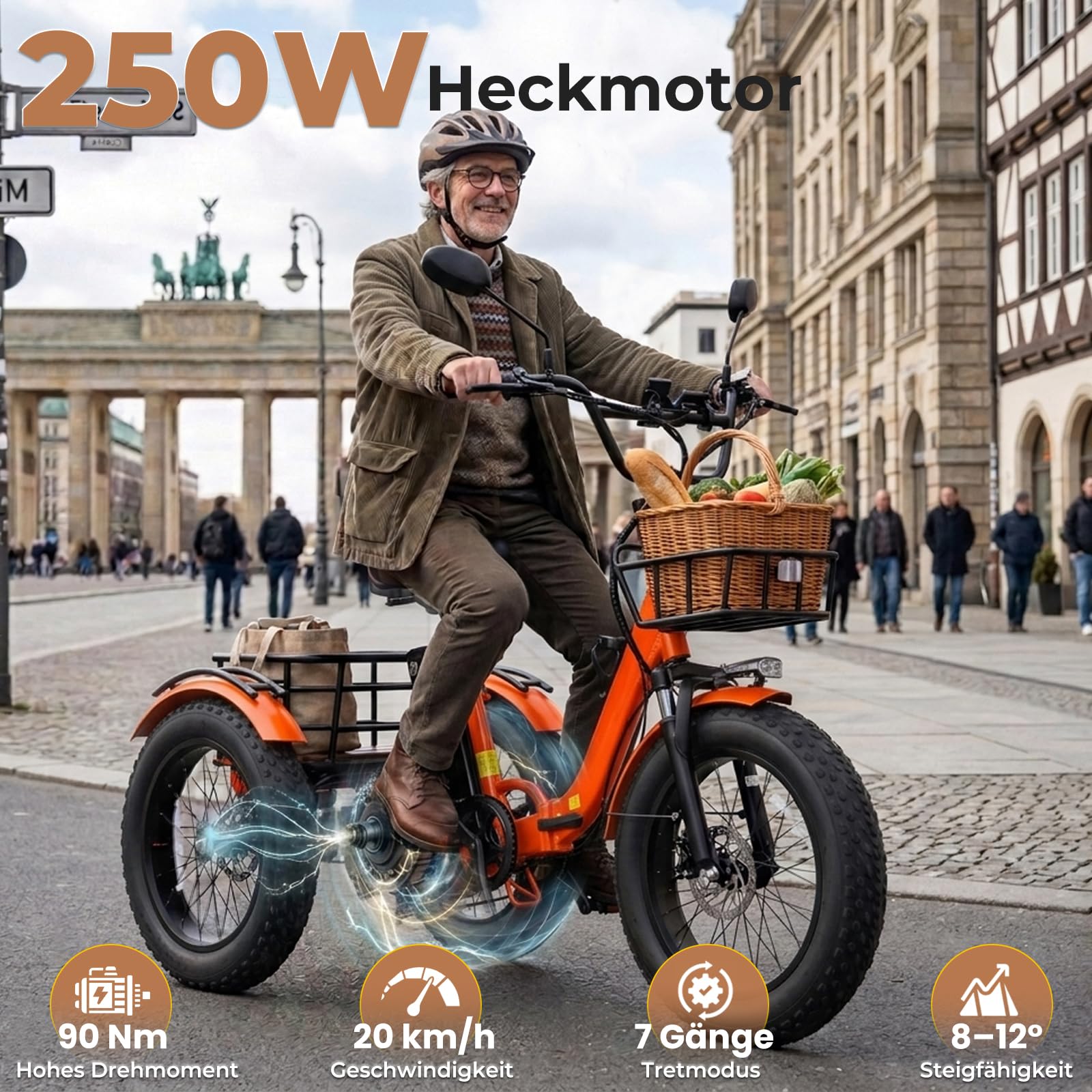 Elektro-Dreirad für Erwachsene & Senioren – Faltbar, 20"x4" Fat Tires, 250W Motor, 48V 18Ah Akku, Bis 90 km Reichweite, Differential & Parkbremse, Front- & Heckkorb