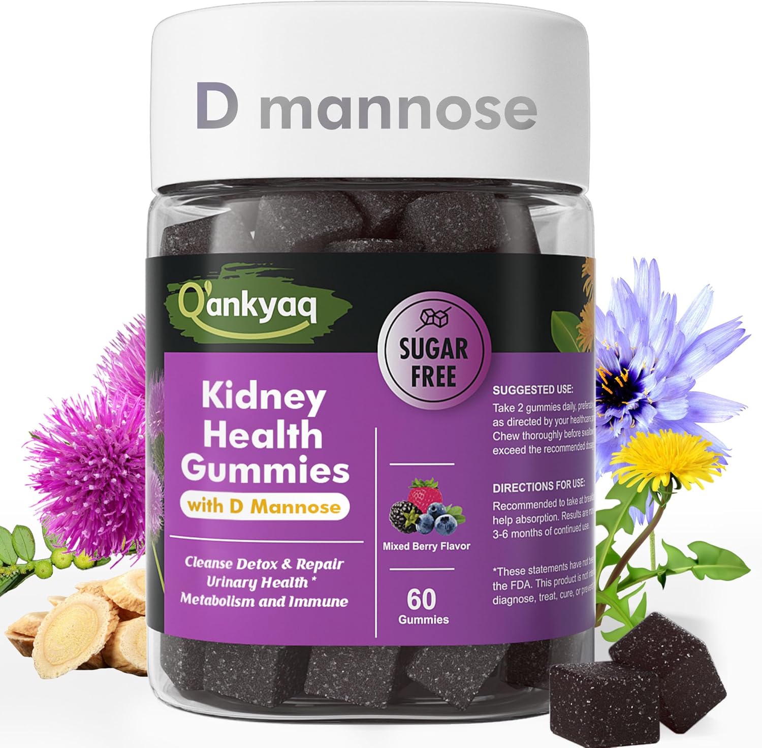 D mannose Gummies for Women, Kidney Cleanse Detox & Repair Gummies – Urinary Health & Kidney Stone* Support, Chewable D-mannose with Astragalus, Dandelion, Milk Thistle – Vegan, Sugar-Free, 60 cts