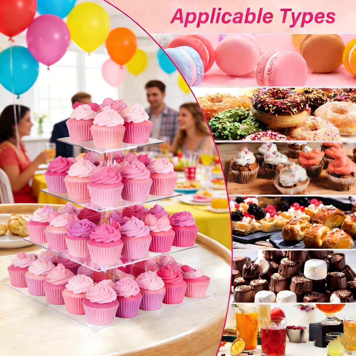 4 Tier Cupcake Stand for 50 Cupcakes, Clear Acrylic Cupcake Tower, Cupcake Holder for Parties, Weddings, Birthdays, Clear Dessert Display Ease of Assembly High Stability (Square)