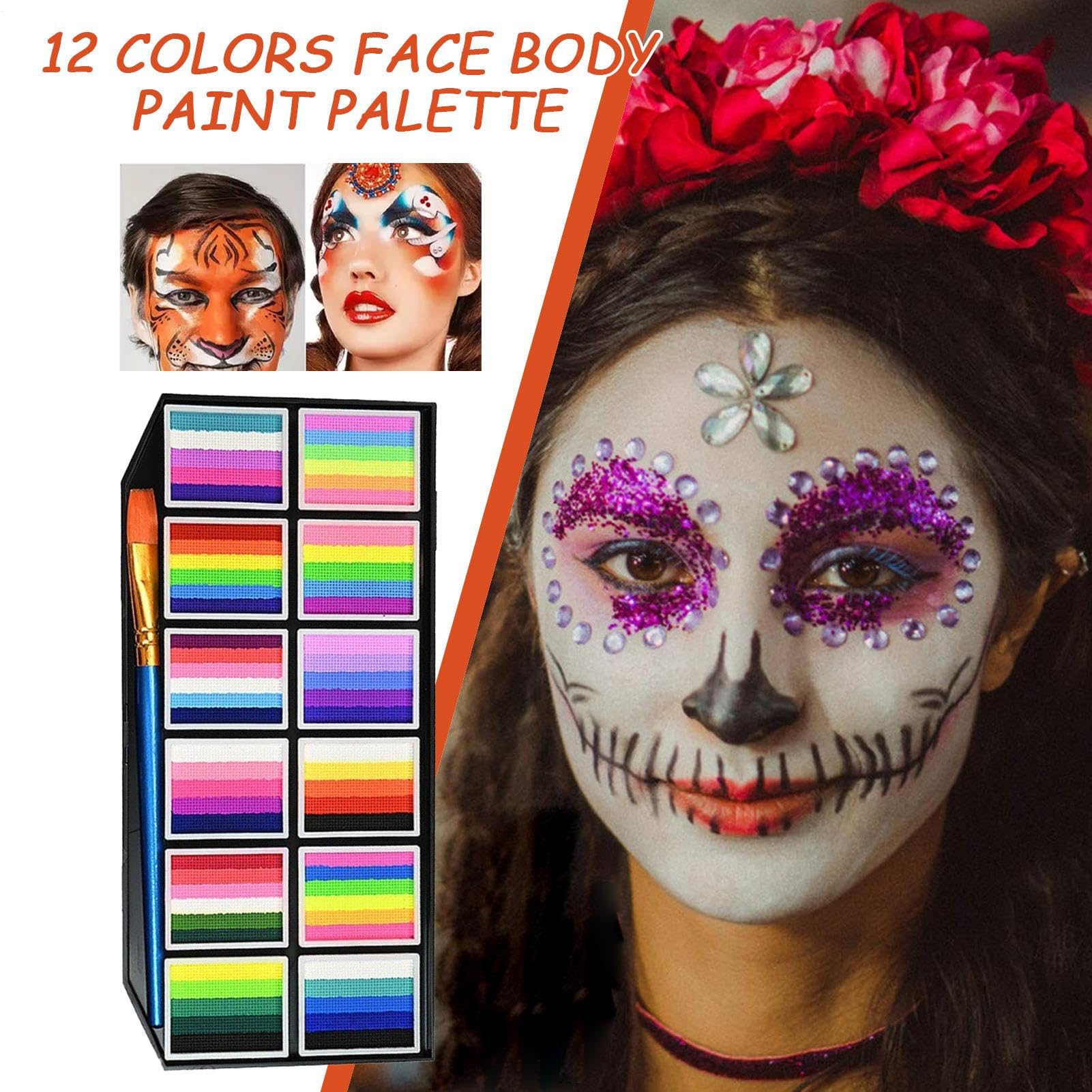 Palette De Peinture Pour Le Visage Et Le Corps, Design Respectueux De La Peau, 12 Couleurs, Palette De Maquillage Professionnelle À Gâteau Divisé, Kit De Maquillage Arc-en-, Sûr Et Pratique, Pour
