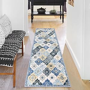 KILOCOCO 2x5 Runner Rug, Moroccan Super Soft Washable Hallway Entryway Runner Rug, Accent Print Faux Wool Kitchen Runner Rug 5 Feet Non-Slip Runners Boho Rug Runners for Bedroom, Blue/Yellow/Multi
