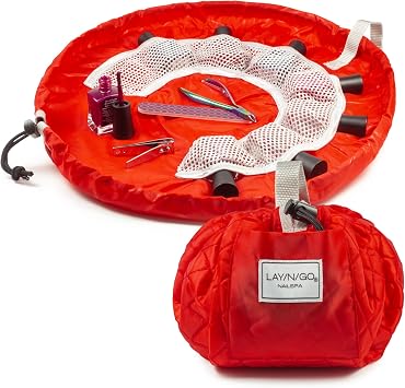 Lay-n-Go NailSpa Drawstring Cosmetic Bag - Portable Nail Supplies Organizer Bag w/ 8 Elastic Mesh Pockets & Circular Center - Durable, Machine Washable Nail Kit Organizer 18", Red