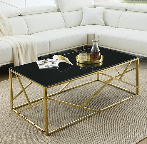 SSLine Mesa de centro de cristal negro con patas de acero inoxidable doradas, mesa de centro rectangular de lujo para sala de estar, moderna y