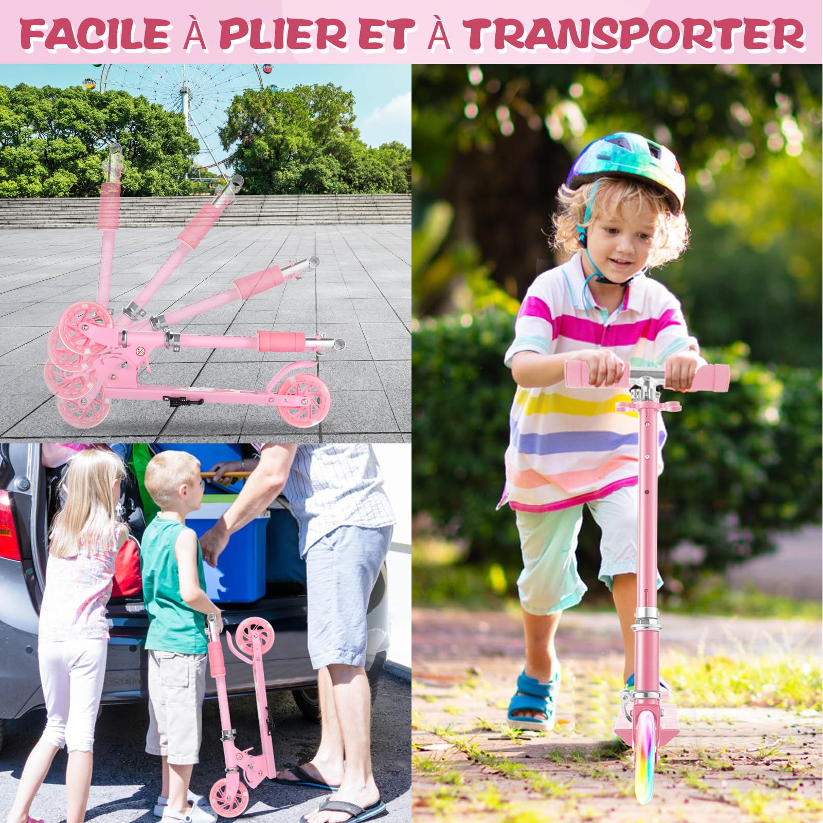 Trottinette pour Enfants de 3 à 12 Ans, Design Pliable léger, Hauteur réglable à 3 Niveaux, Conduite Fluide et silencieuse, Cadeau pour Filles, garçons, intérieur et extérieur