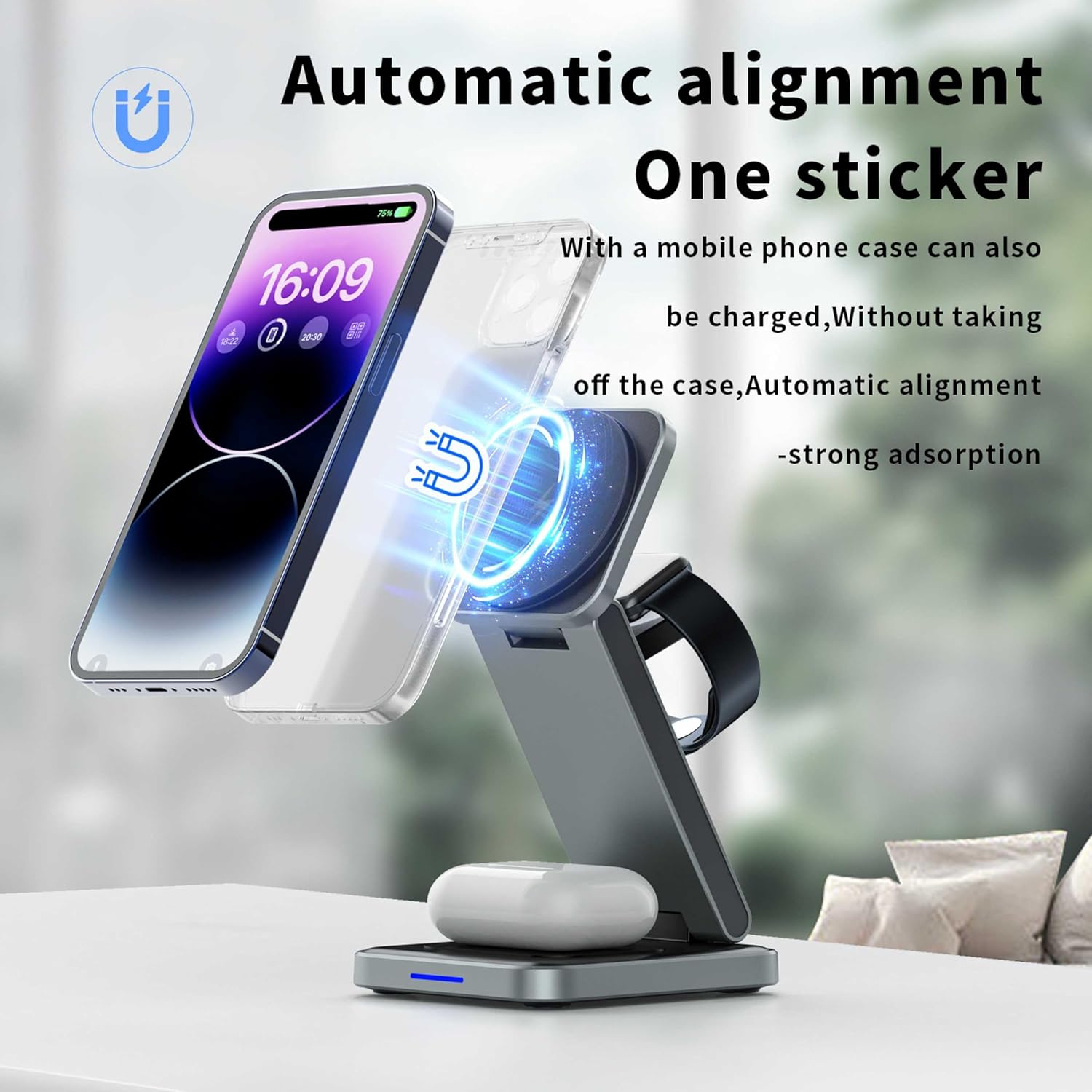 SIMPKEELY 3-in-1 Magnetic Wireless Charging Station, 15W Fast Charger Stand for iPhone/Apple Watch/AirPods, Foldable Design (Gray)