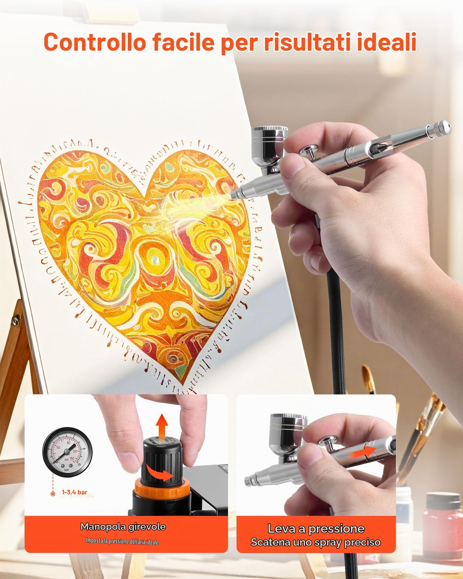 VEVOR Set Aerografo 1/6 HP con Compressore d'Aria, 1 Spruzzatore Aerografo a Doppia Azione con 3 Ugelli (0,2/0,3/0,5 mm) Flusso d'Aria 23 L/min, per Decorazione di Torte, Pittura di Modelli