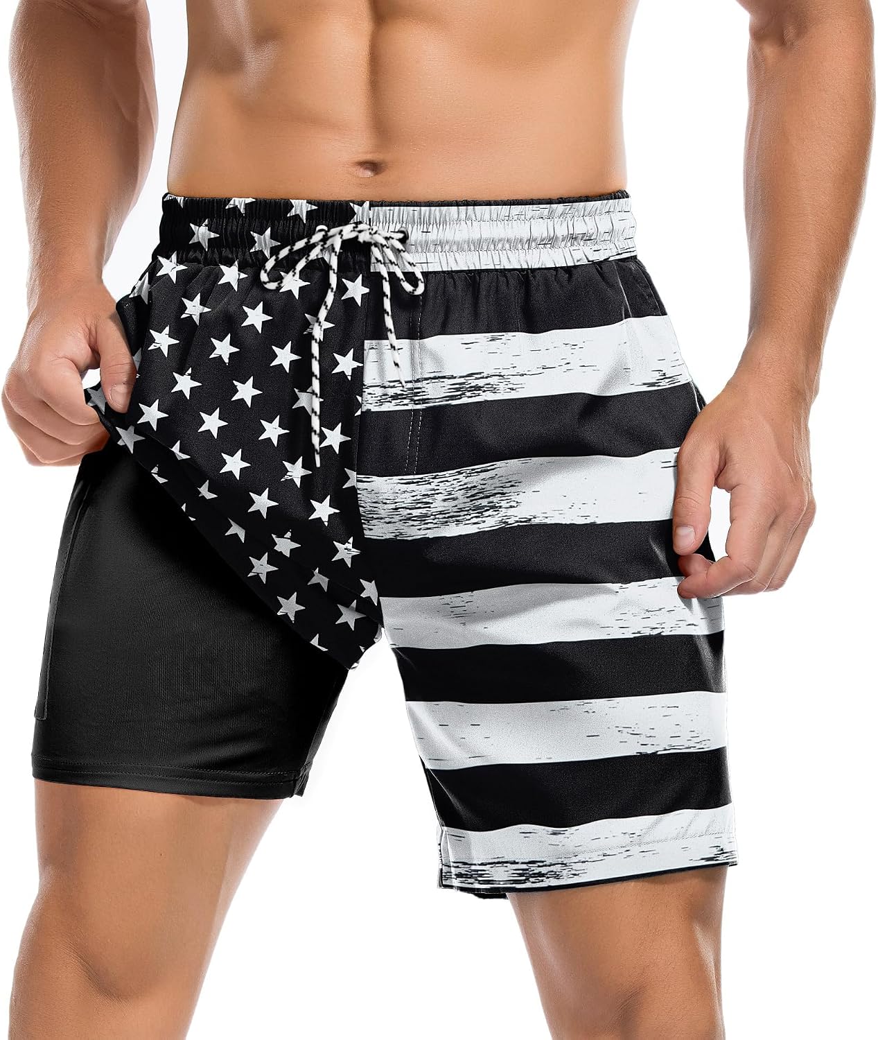 American Trends Men's Swim Trunks 7 Inch with Compression Liner - Quick Dry UPF 50+ Beach Bathing Suit for Men