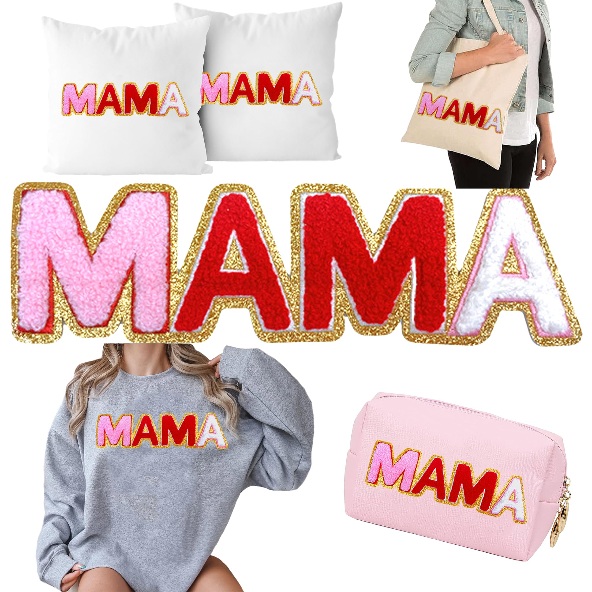 Glitter Mama Chenille Patches Sequin Mama Iron on Patches Red Pink Mother‘s Day Patches Mothers Day Decoration Mom Gift