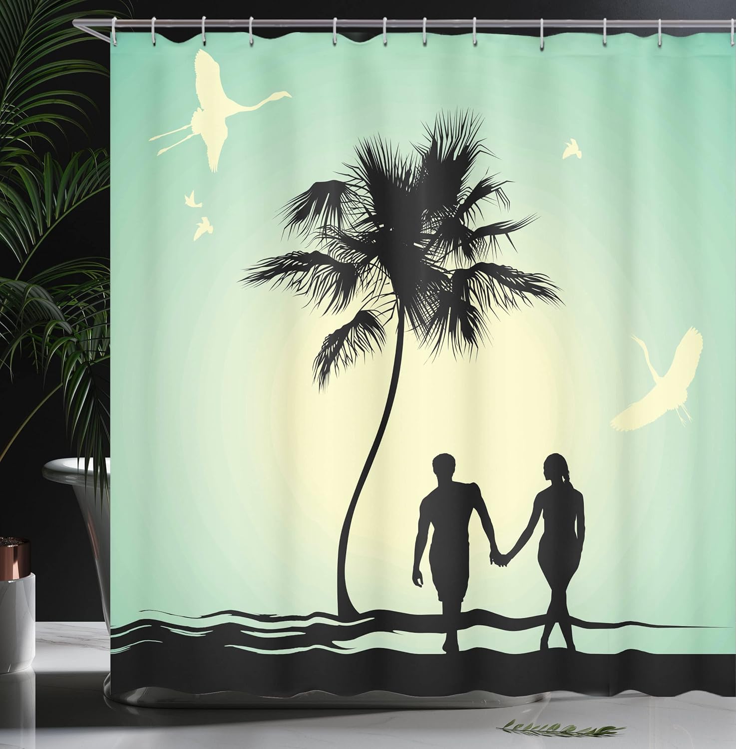 Ambesonne Romantic Shower Curtain, Married Couple Walking on The Beach with Tropical Fauna and Flora, Cloth Fabric Bathroom Decor Set with Hooks, 69" W x 75" L, Pale Green