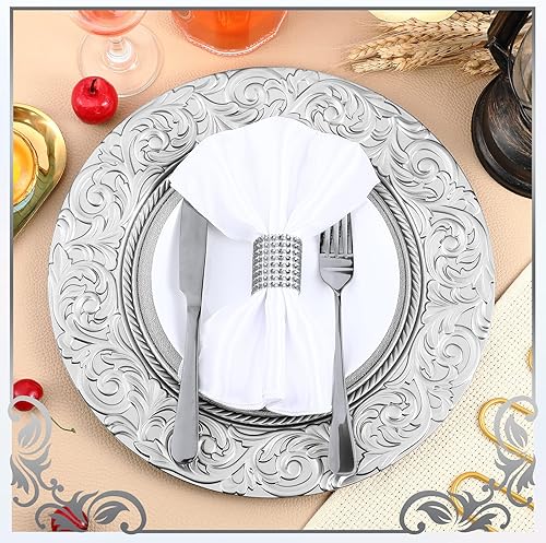 Miniatura 4 de Zhehao 50 unidades de platos antiguos a granel de 13 pulgadas con borde en relieve de plástico, platos redondos decorativos para cenas, bodas,