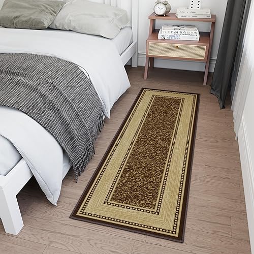 Miniatura 11 de Ottomanson Ottohome Alfombra antideslizante de goma con diseño de bordes de 2 x 5 pies, 20 x 59 pulgadas, color marrón