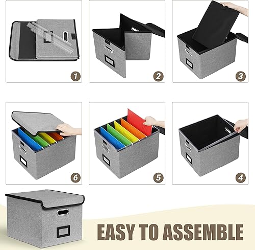 Miniatura 9 de Caja organizadora de archivos con 5 carpetas colgantes y tobogán de plástico, caja de archivos plegable de lino con tapa para oficina, hogar,