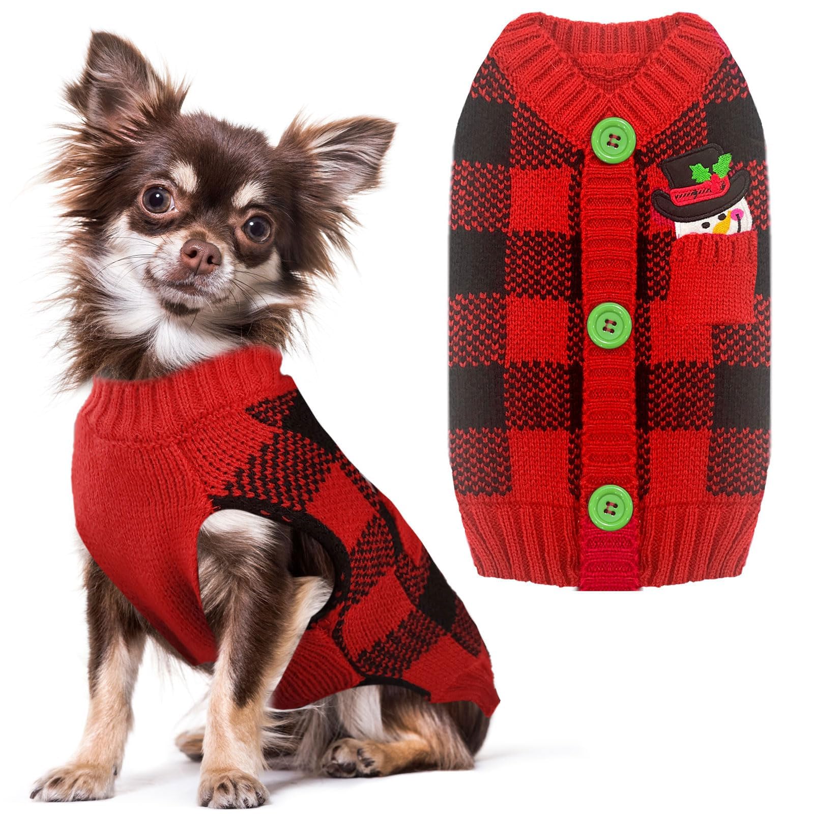 HRTTSY Dog Christmas Jumper Outfits V-Neck Red Plaid Snowman Puppy Dogs Sweater Clothes for Small Medium Large Dog Cat Warm Winter Knitwear Pet Pullover Vest,XX-Small (Decorative Buttons. Can't Untie)