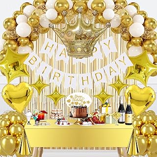 Golden Birthday Decorations Set - Gold Party Decorations with Banner, Crown Balloon，Balloon Arch, Curtains Background, Tablecloth, Cake Topper, Confetti Balloons for Boys Girls Men Women Party