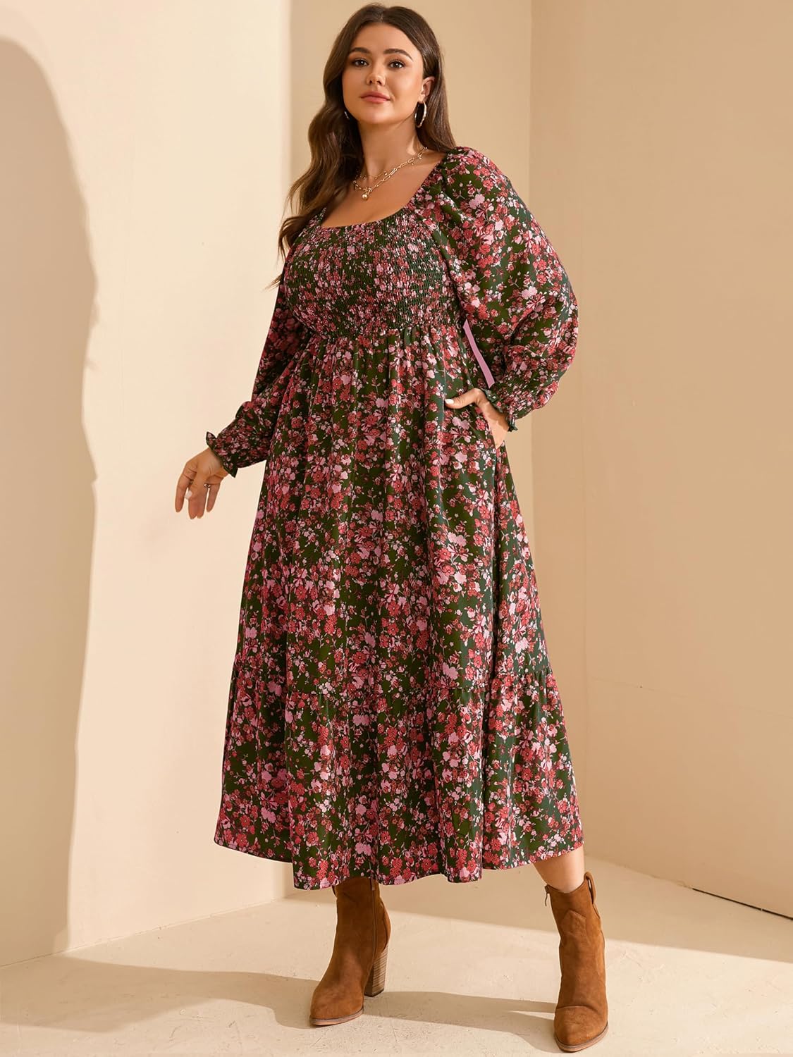 RWJ Women's Plus Size Fall Dress Long Sleeve Square Neck Floral Print Smocked A Line Boho Flowy Maxi Dresses with Pockets - Image 3