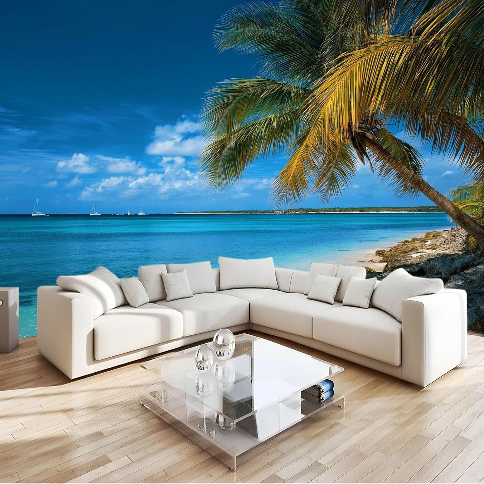 hgjdjhnf Photo Wallpaper Palm Trees sea View wall Mural Modern wall Bedroom Living Room wall Wallpaper, Blue, 300cm x 210cm
