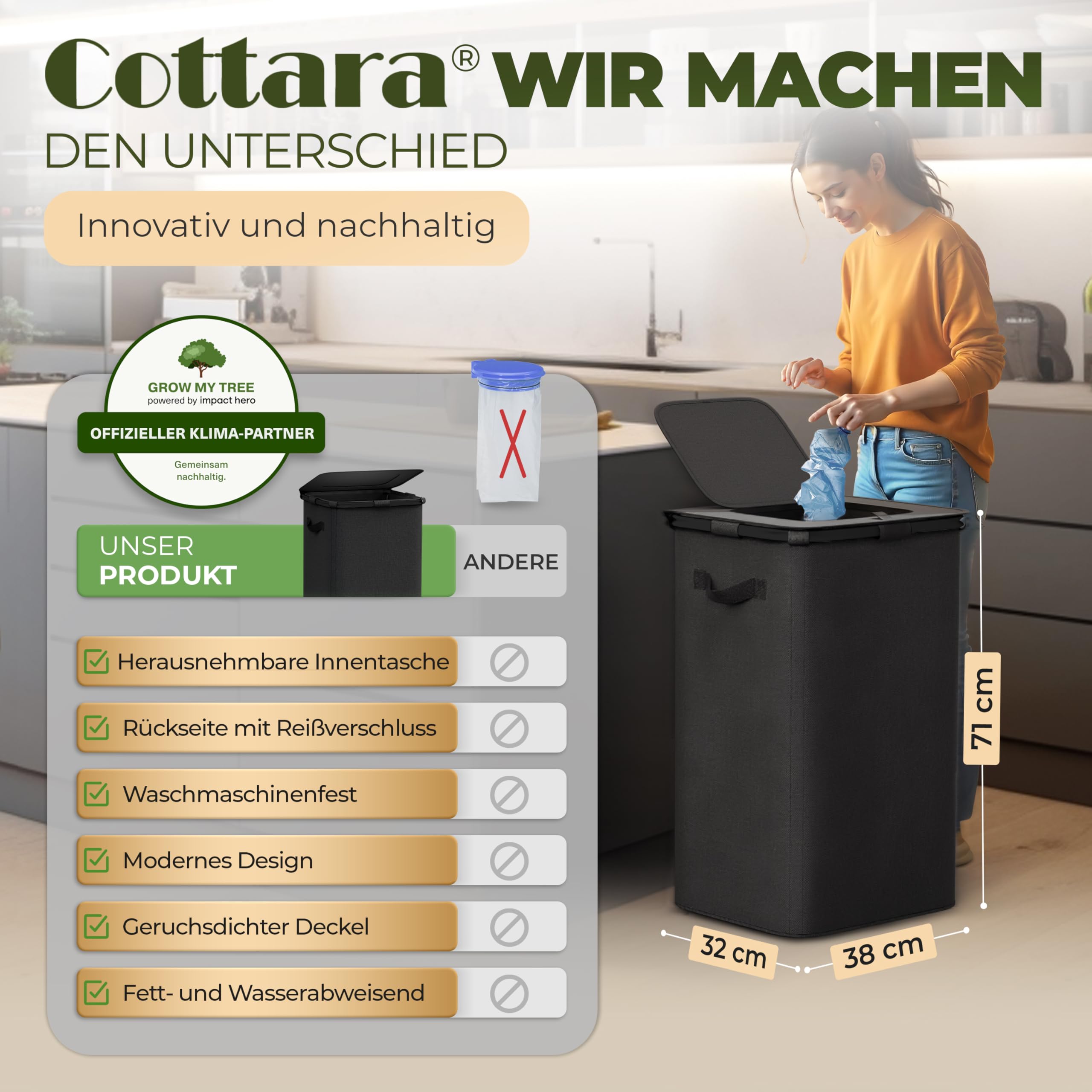 COTTARA® Gelber Sack Ständer Mülleimer mit Deckel magnetisch 60-120L Müllsystem Schwarz