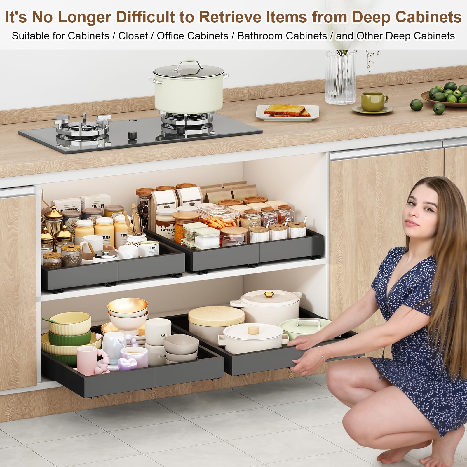Seinloes Pull-Out Cabinet Organizer With Raising Pad - Adjustable Width & Depth, No-Drill Slide Out Drawer