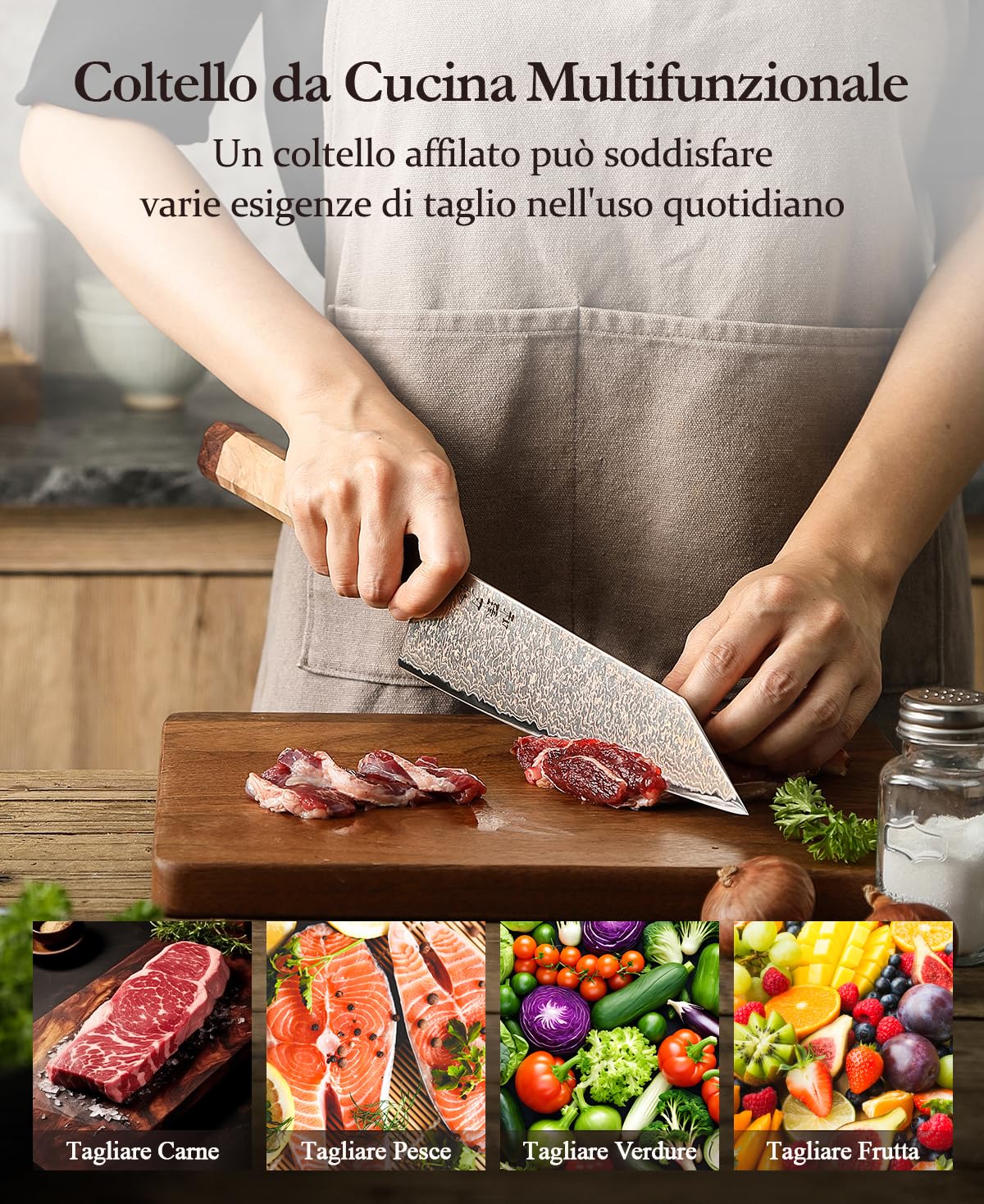 HEZHEN Coltello da Kiritsuke Damasco, Coltello da Cucina in Acciaio Damasco Coltello da Bunka, Manico Ottagonale in Legno