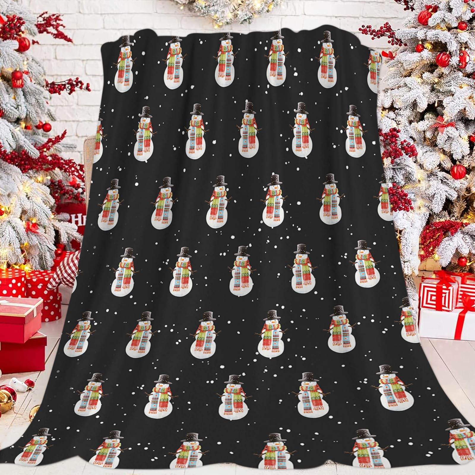 JOOCAR Christmas Snowman Throw Blanket Winter Black Happy New Year Blanket Cozy Soft Lightweight Flannel Plush Blankets for Bed Couch Living Room Sofa Chair,40x50 Inch - Image 2