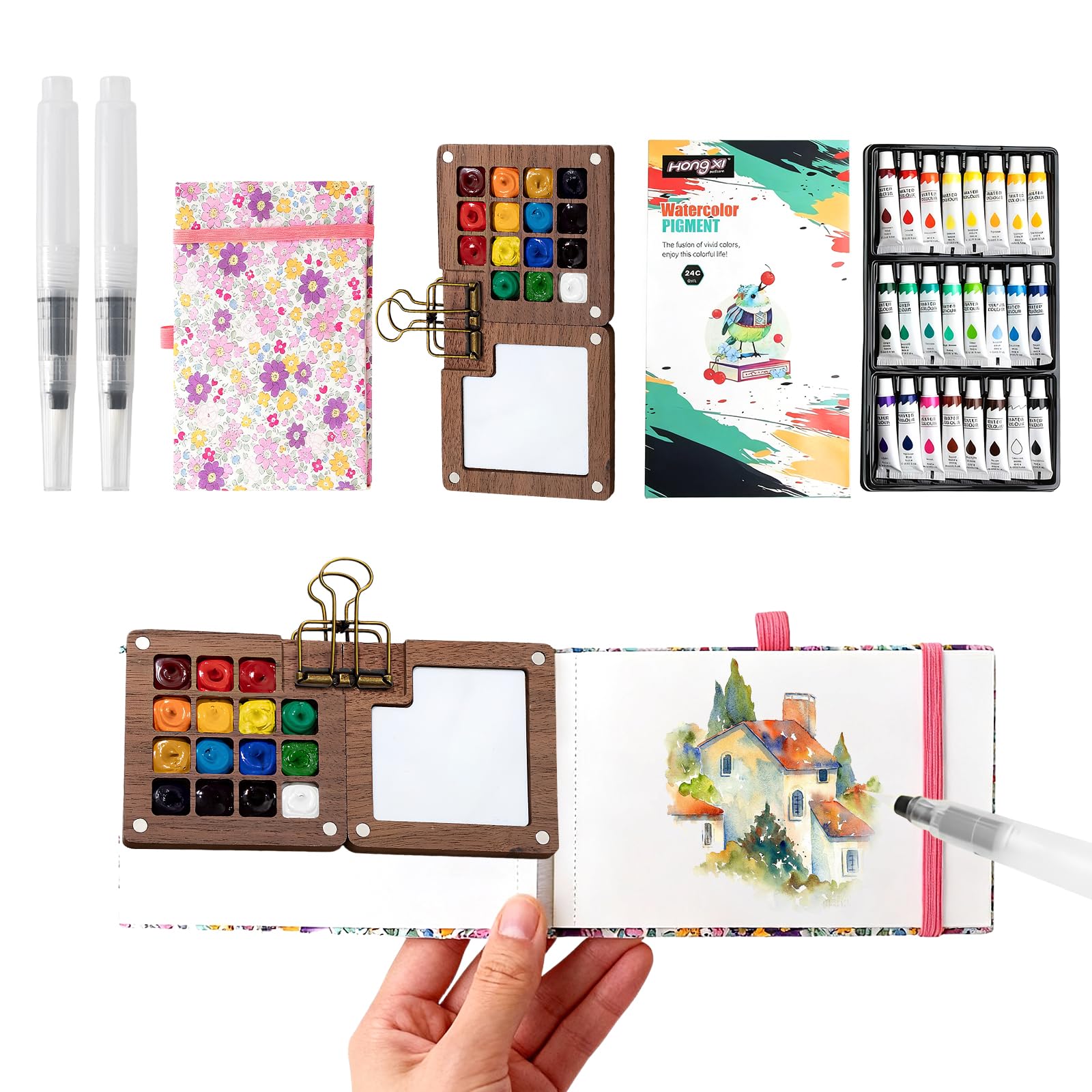 Set Mini Acquerello Portatile, Tavolozza con 15 Griglie – Scatola dei Colori in Legno per Viaggio, Kit da Viaggio per Artisti con Carta Acquerello, Pennelli, Clip & Taccuino (24 Tonalità Incluse)