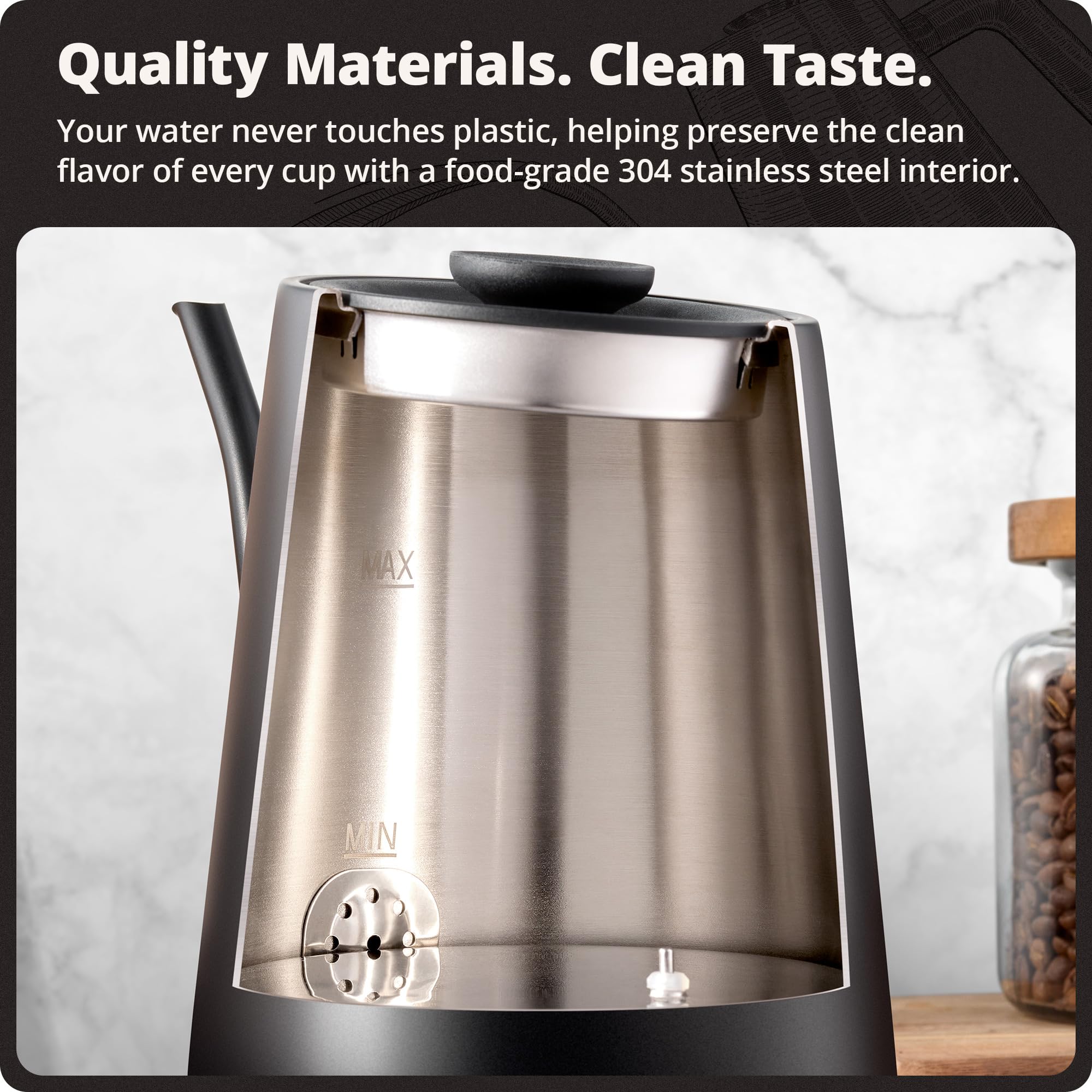 Greater Goods - Bollitore elettrico a collo di cigno in acciaio inox da 1200 W, con controllo di precisione della temperatura, ebollizione rapida, senza BPA, ideale per versare caffè e tè, 0,8 l (nero