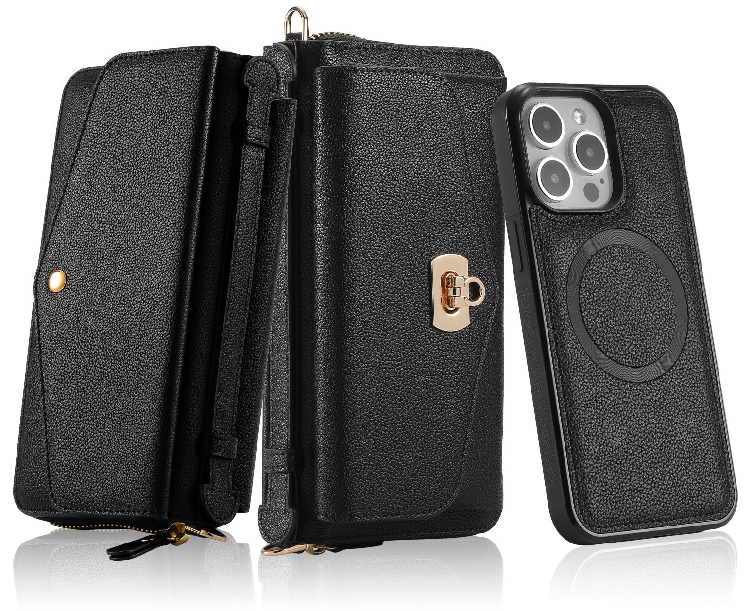 LITOU Compatible for iPhone 14 Plus Phone Case Wallet for Women Detachable Magnetic Phone Case Support Wireless Charging,RFID Blocking Card Holder,Crossbody Strap Wristlet Case.Black