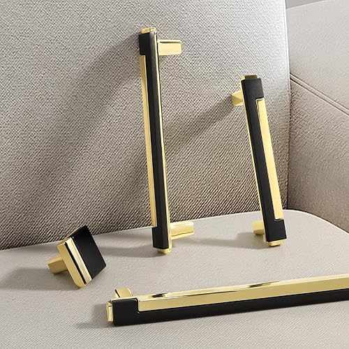 Miniatura 7 de Kcmwsy Paquete de 5 tiradores de gabinete en negro mate y dorado brillante, manijas de gabinete de cocina de aleación de zinc, tiradores cuadrados